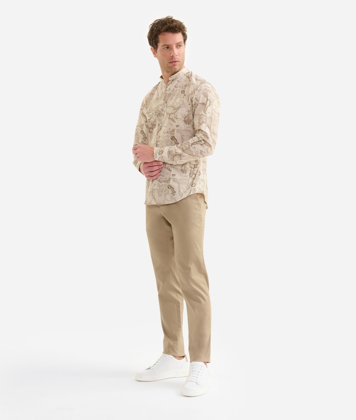 Slim fit Korean collar cotton shirt Geo Color Sand,front