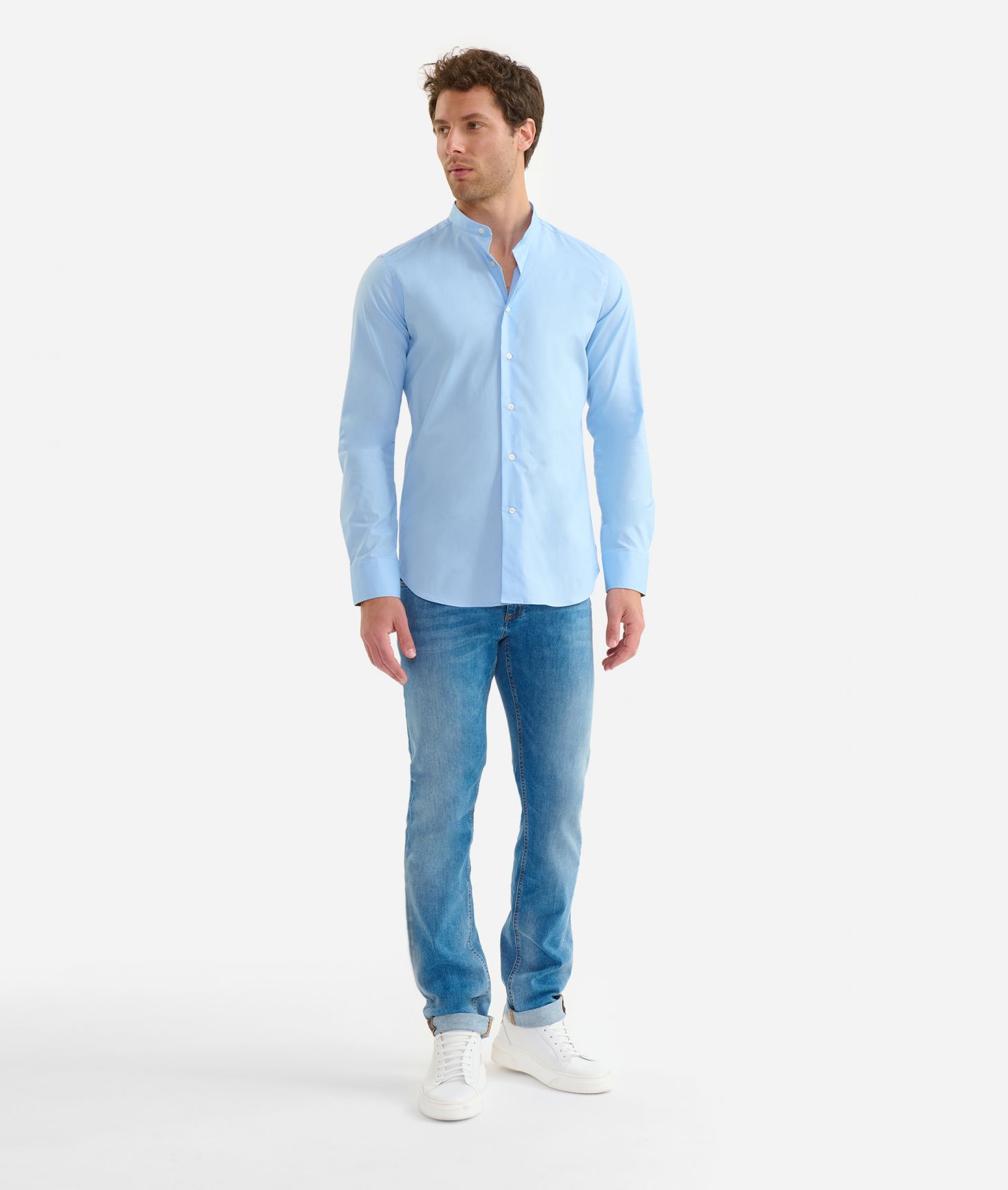 Camicia coreana slim in cotone stretch Azzurro Cielo,front