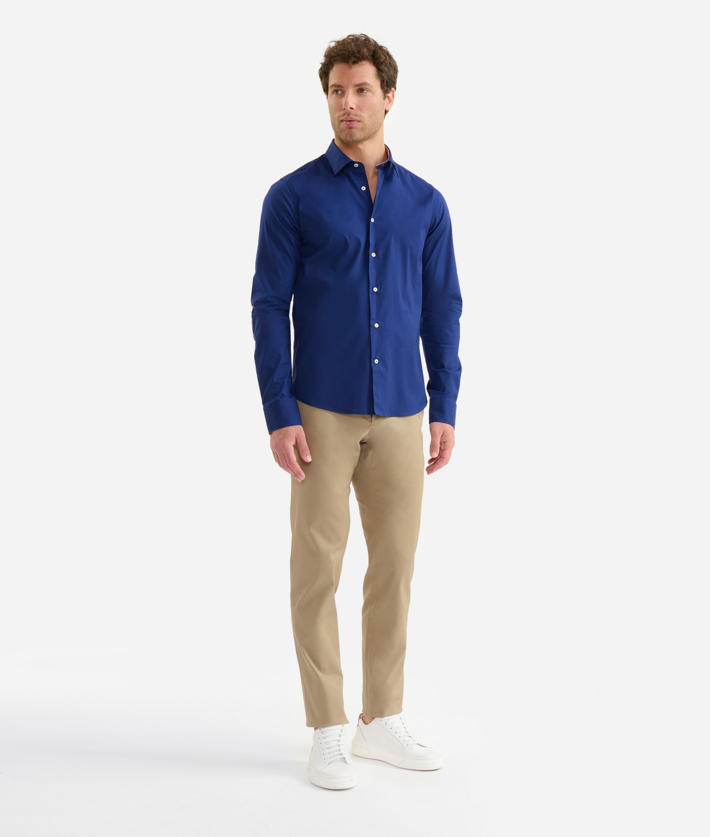 Super slim fit stretch cotton shirt with elbow patches Blue,front