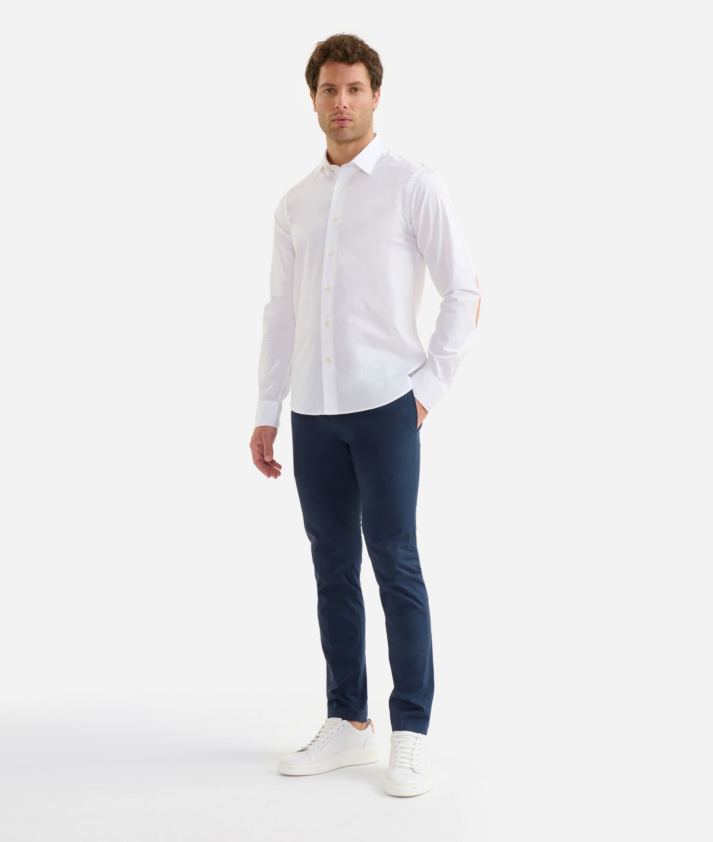 Super slim fit stretch cotton shirt with elbow patches White,front