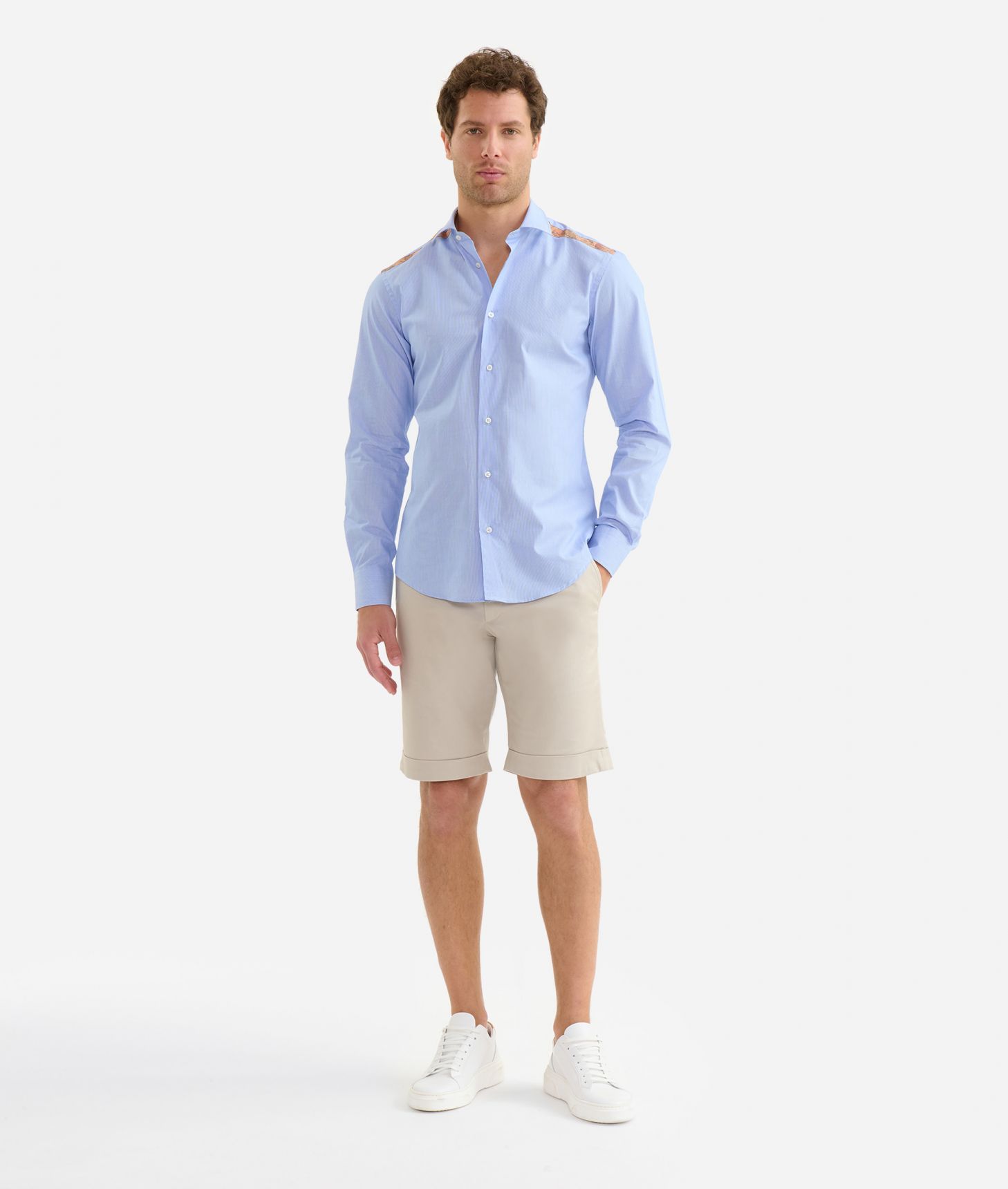 Slim fit striped cotton shirt with Geo Classic detail Sky Blue,front