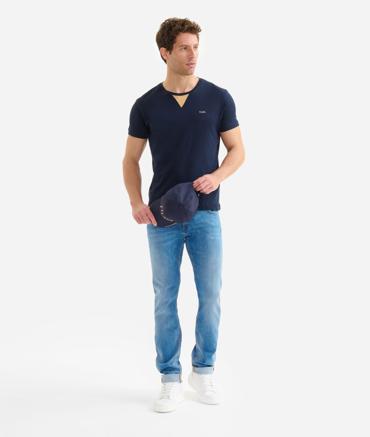 Cotton t-shirt with Geo Classic neckline detail Navy Blue,front