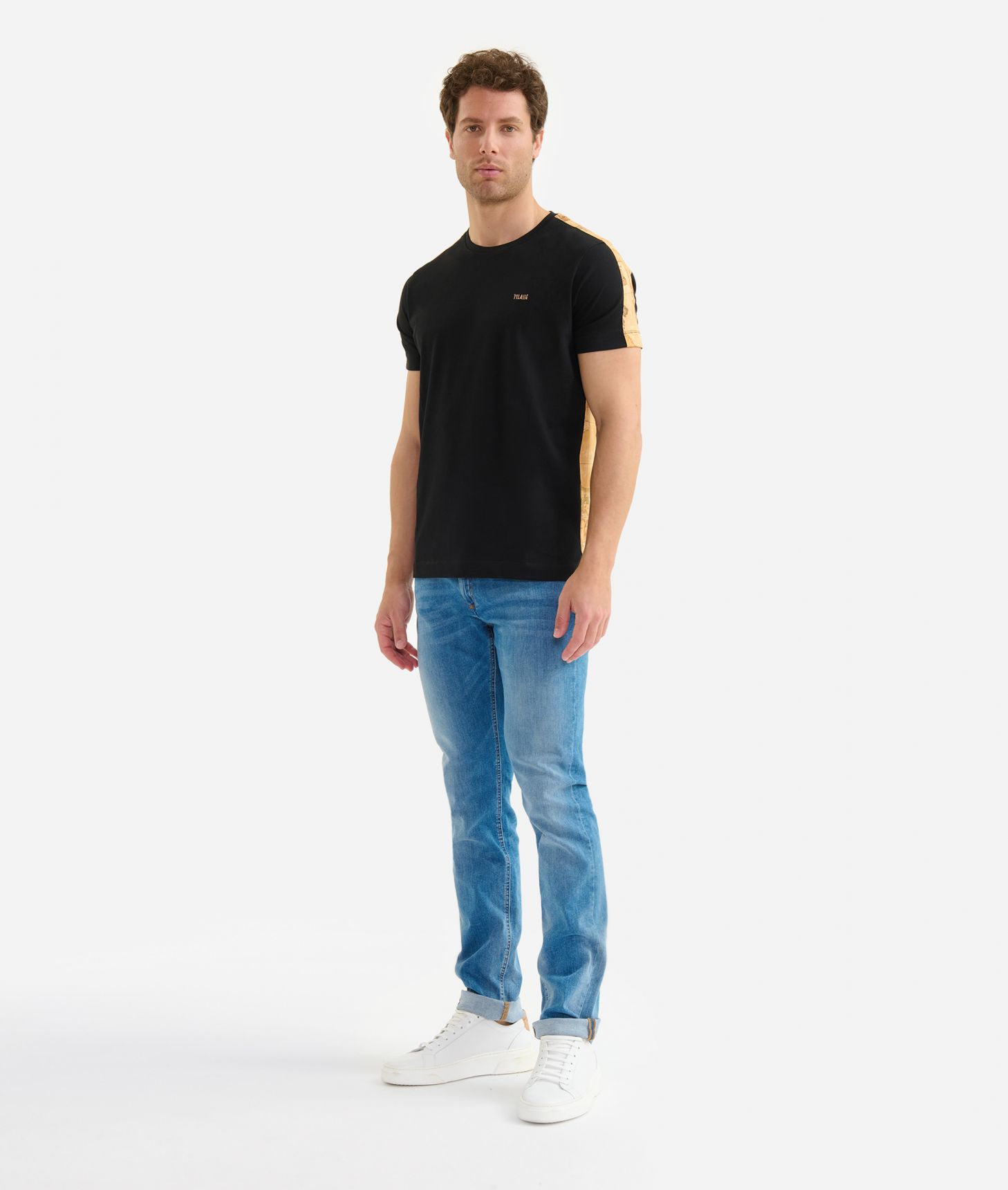 Stretch cotton t-shirt with Geo Classic shoulder detail Black,front