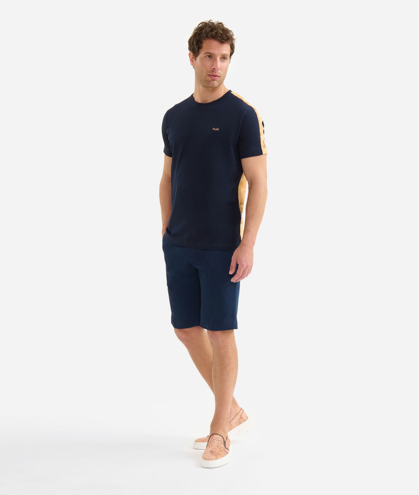 Stretch cotton t-shirt with Geo Classic shoulder detail Navy Blue,front