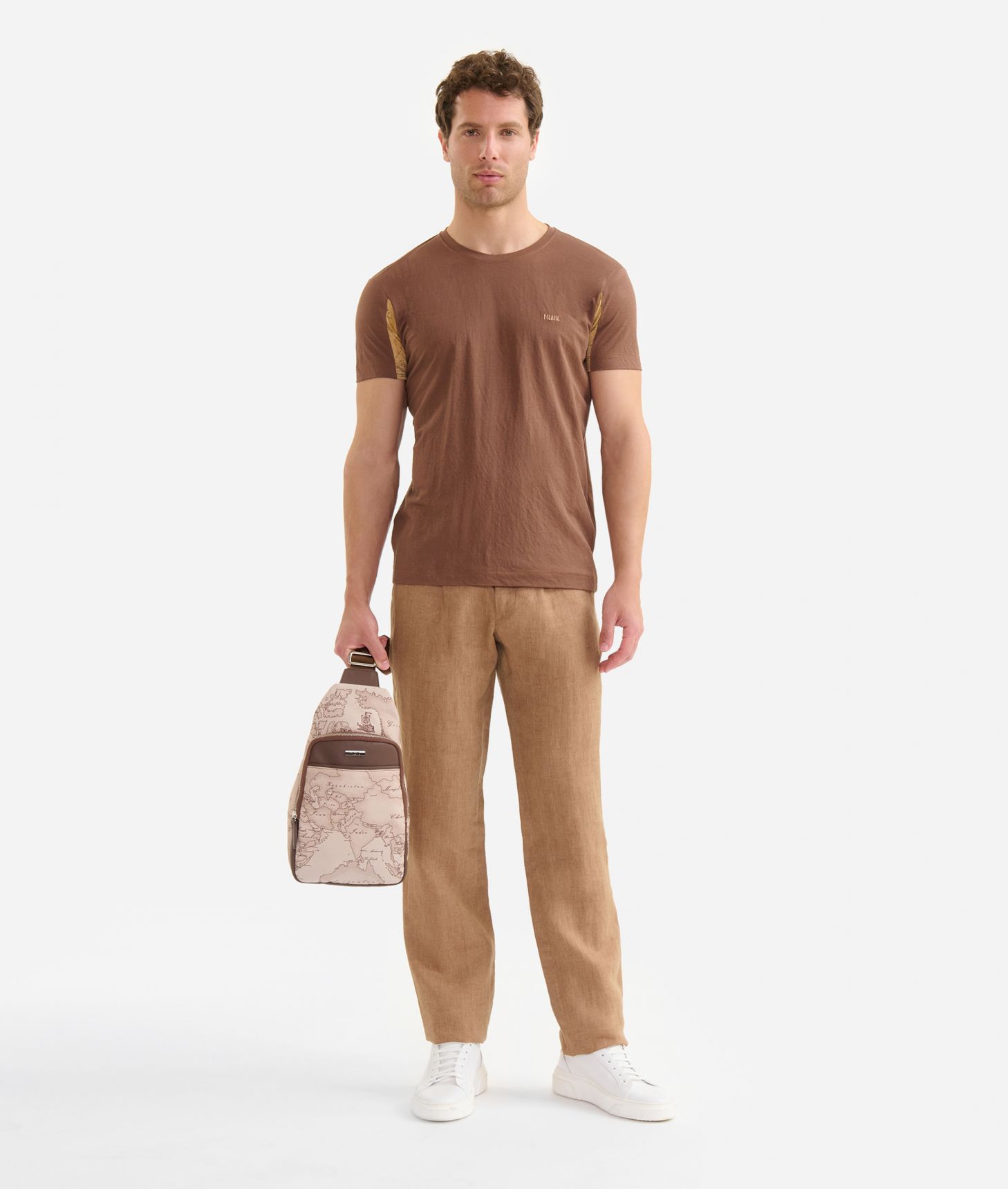 Viscose blend t-shirt with Geo Classic sleeve detail Brown,front