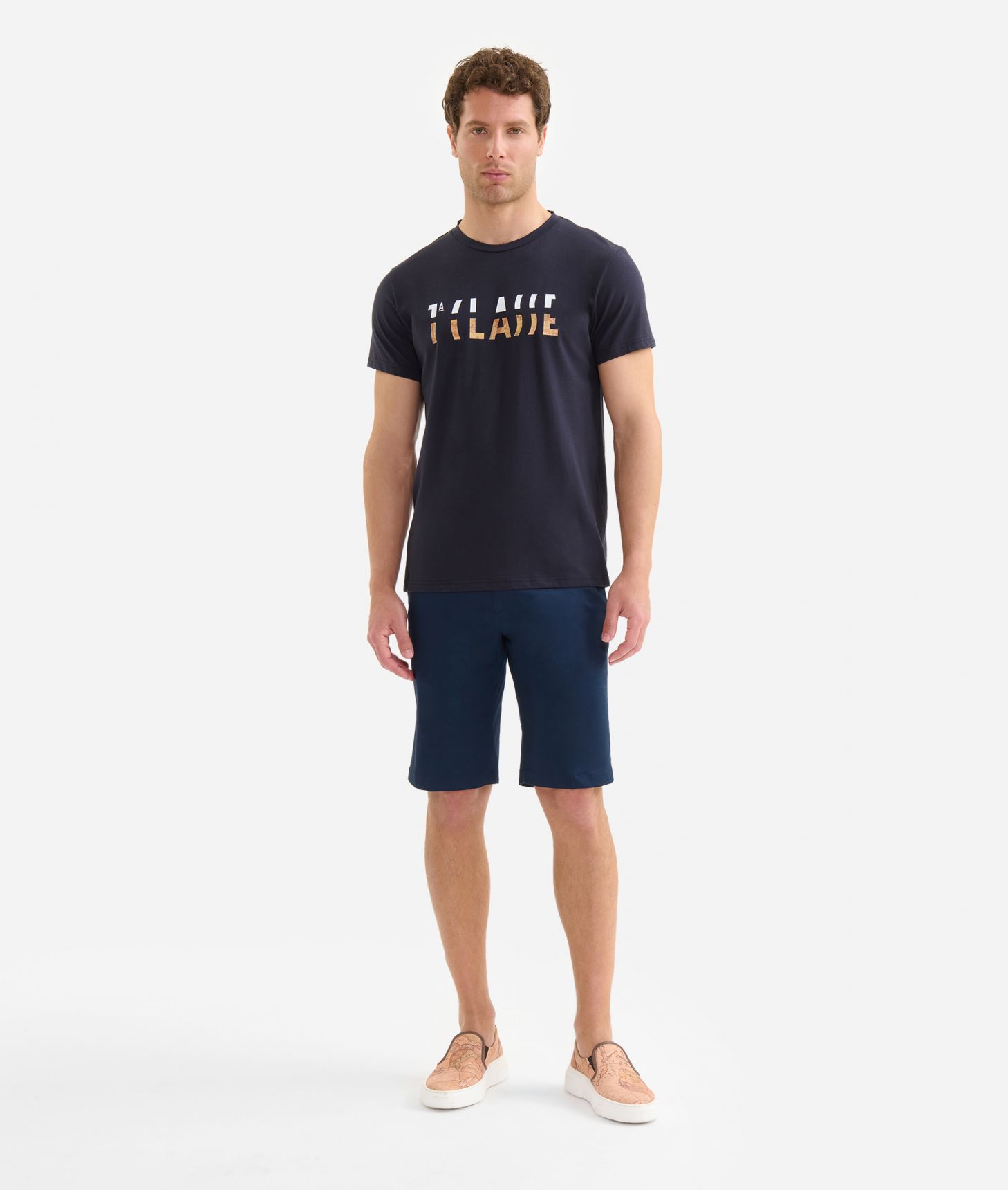Stretch cotton t-shirt with two-tone Logo Night Blue,front