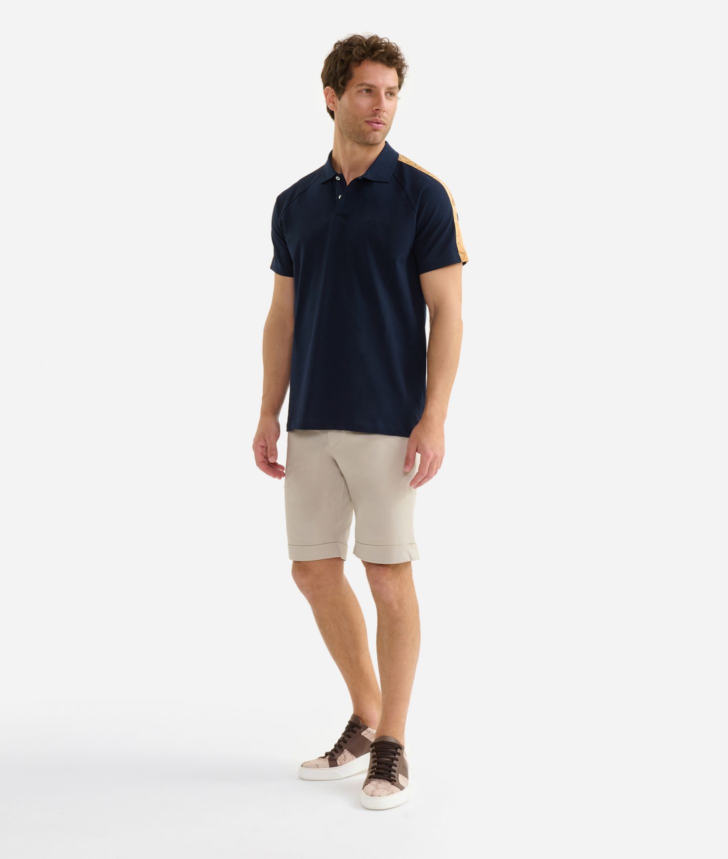 Piqué cotton jersey polo shirt with Geo Classic detail Navy Blue,front
