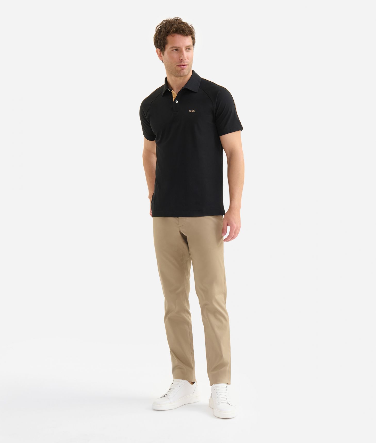 Piqué cotton jersey polo shirt with sleeve detail Black,front