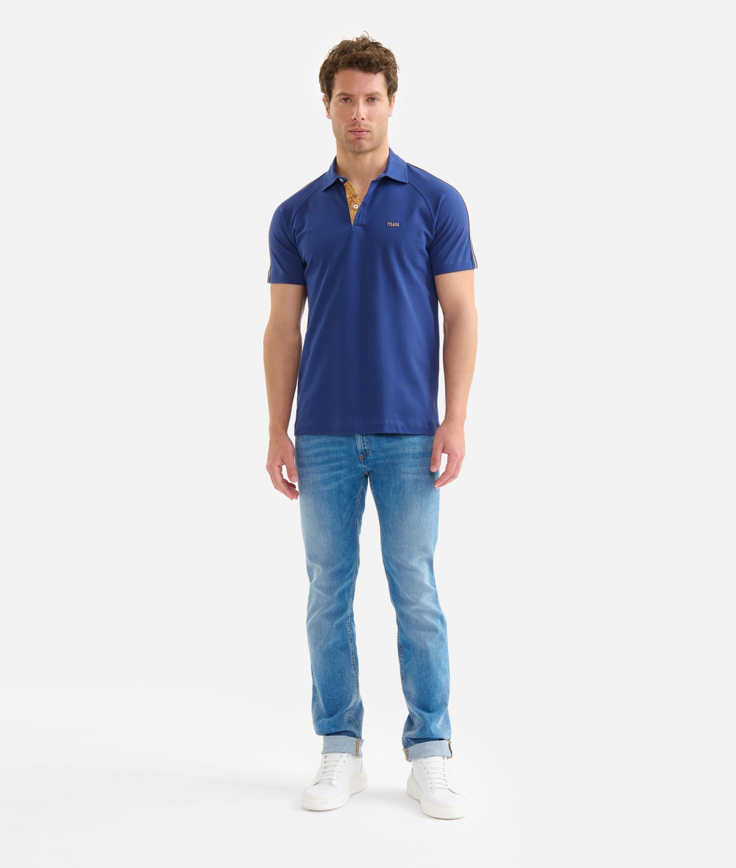 Piqué cotton jersey polo shirt with sleeve detail Cobalt Blue,front