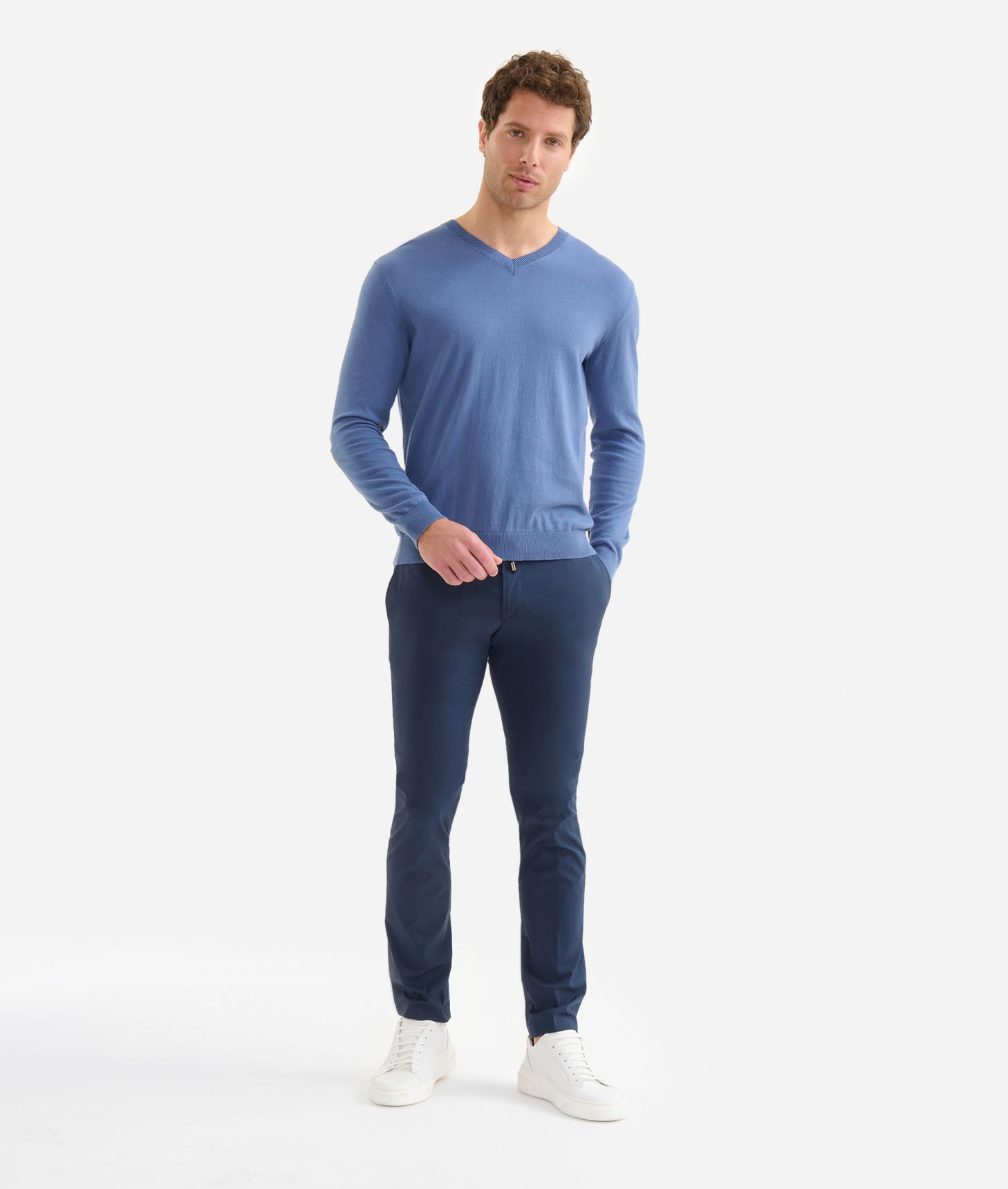 Cotton yarn V-neck sweater Airforce Blue,front