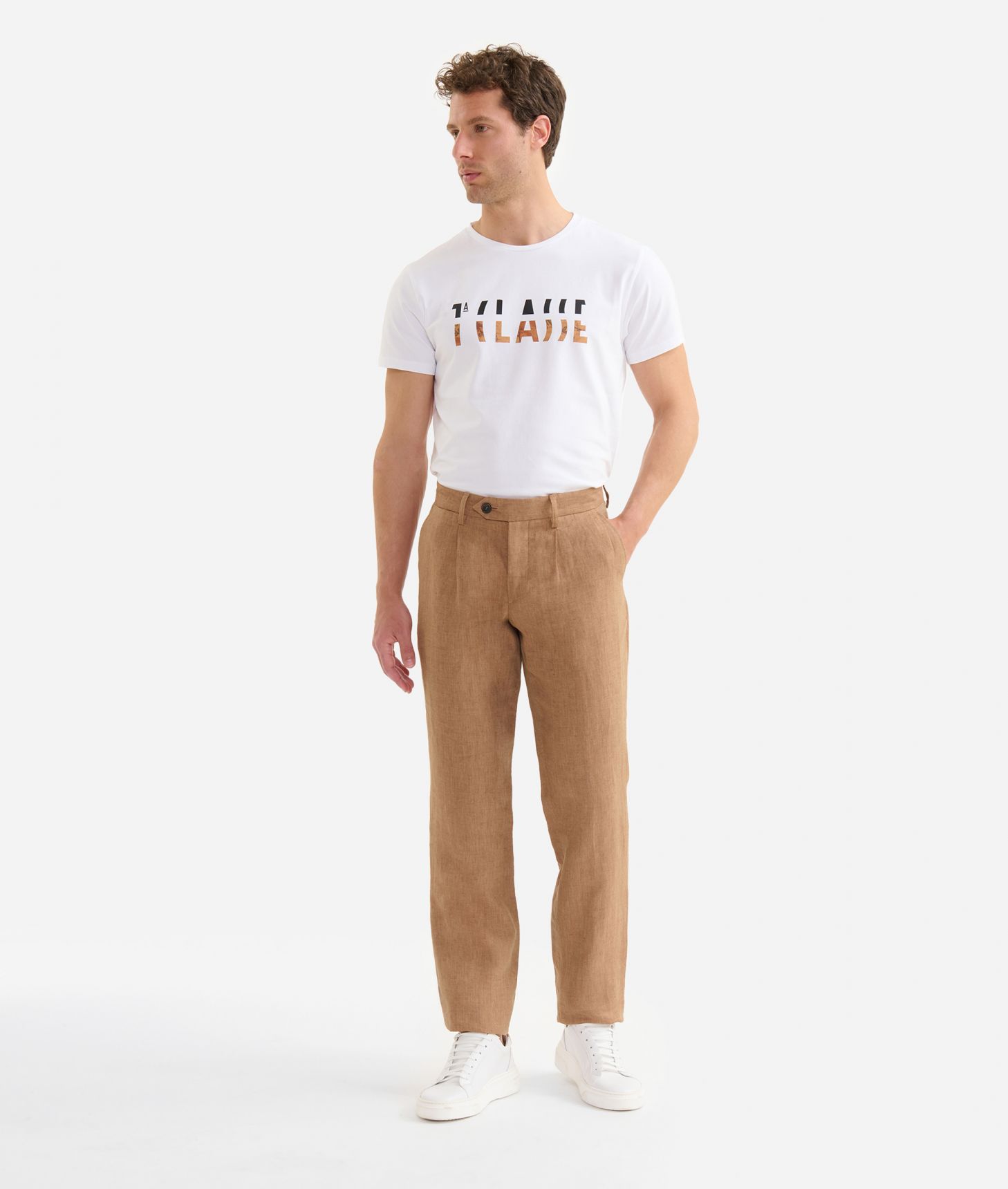 Pantaloni con pince in lino Marroni,front