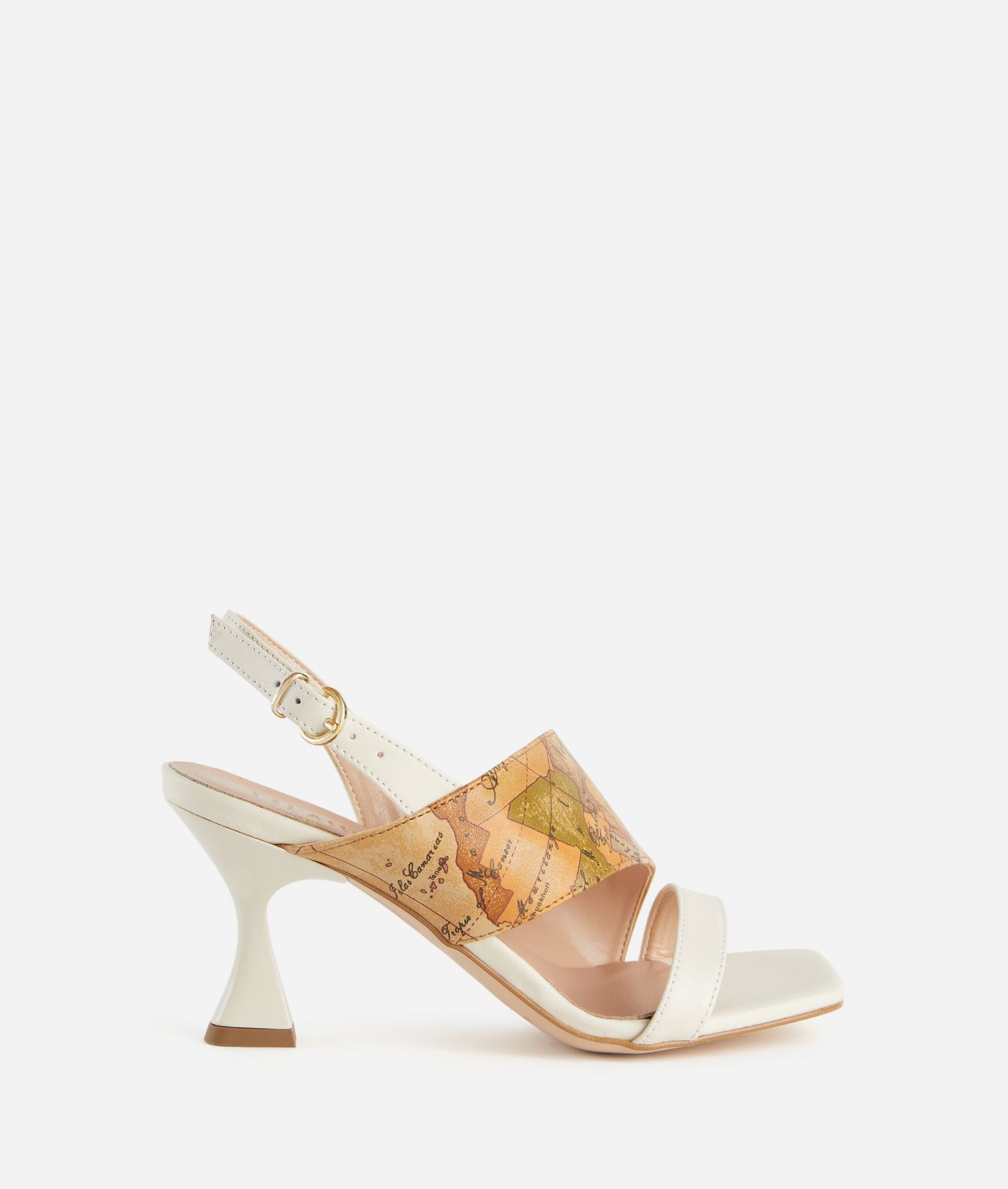 Smooth leather mid-heel sandals with Geo Classic detail Shell White,front