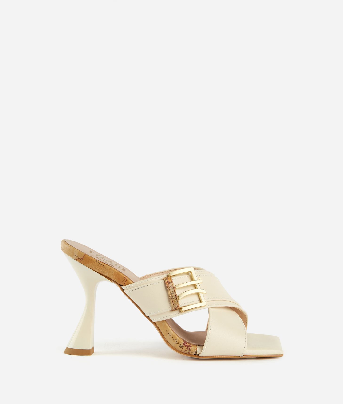 Smooth leather high-heel mules with square 1C detail Shell White,front