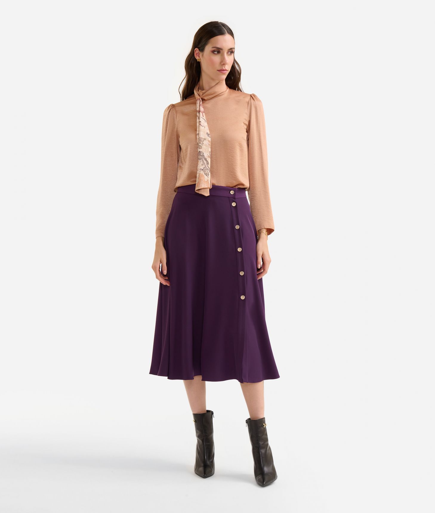 Fluid satin blouse with Geo Classic print scarf detail Camel,front