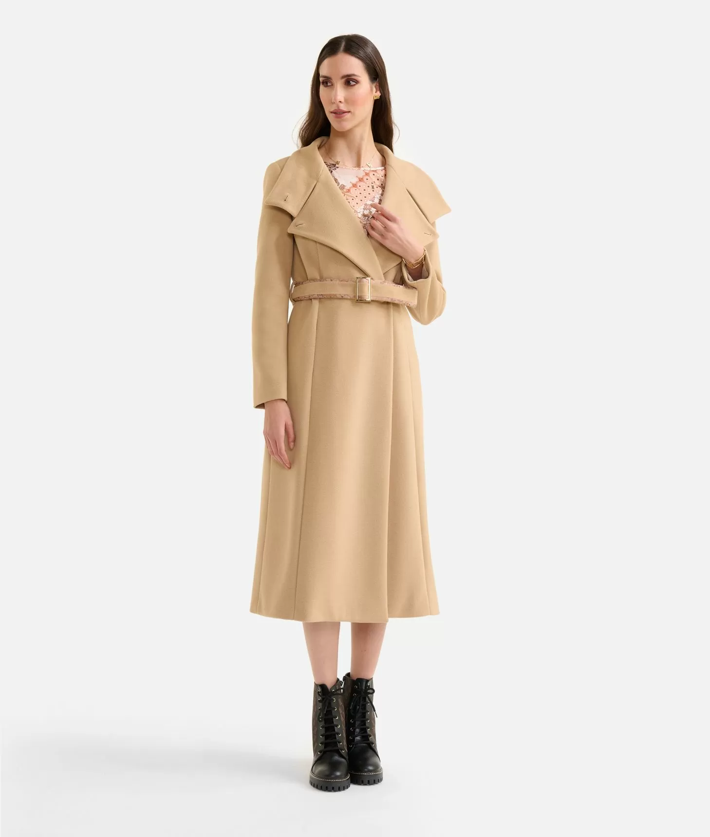 ALVIERO MARTINI PRIMA CLASSE Long velour coat with high neck Camel