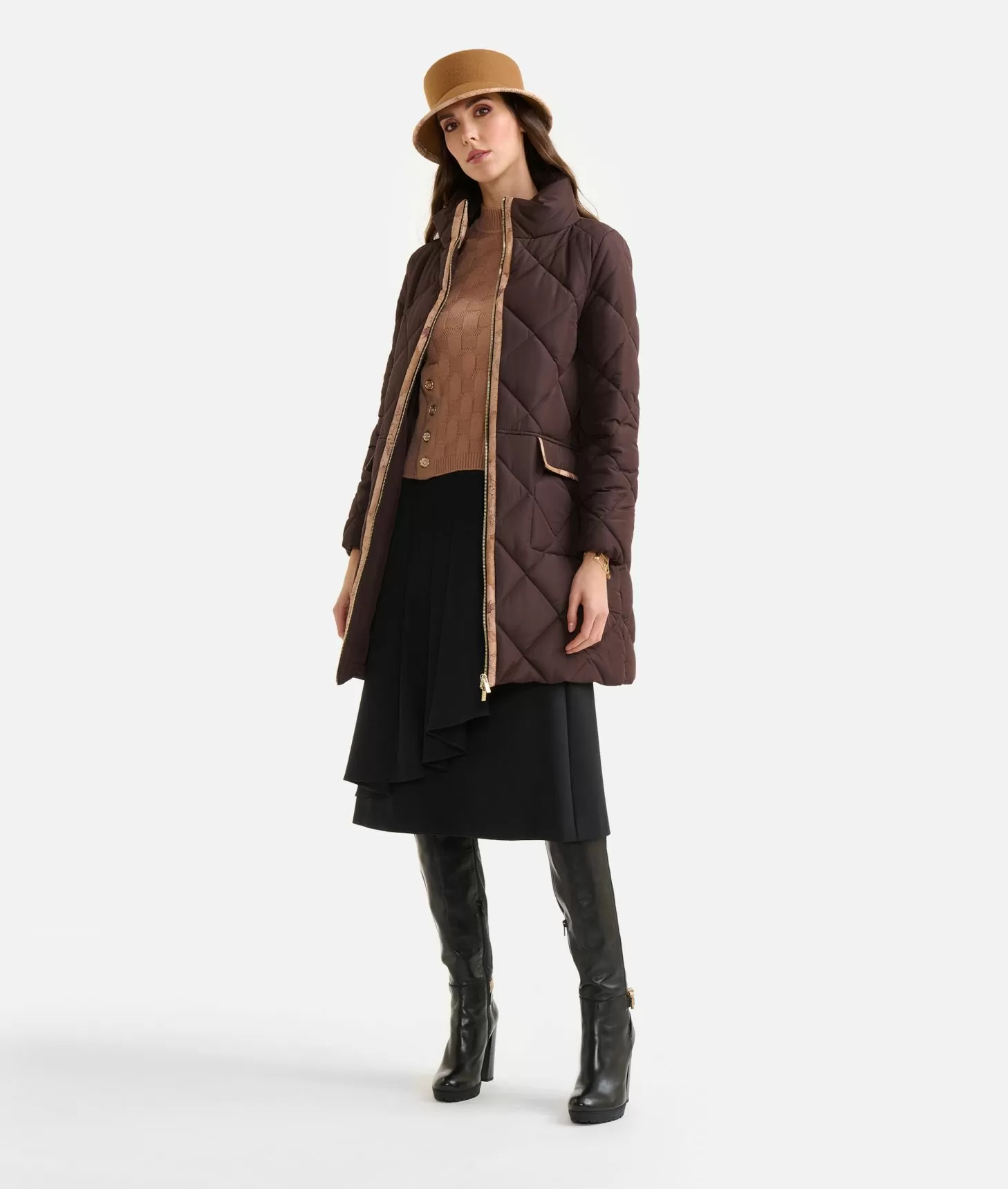 ALVIERO MARTINI PRIMA CLASSE Quilted padded nylon midi coat Chocolate