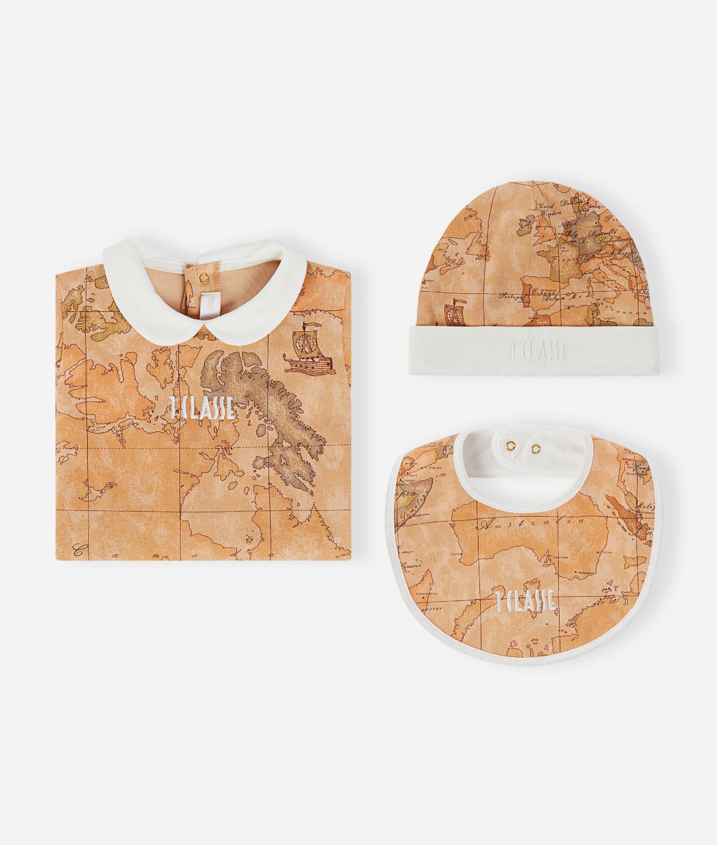 Kit con tutina, bavaglino e cappellino Geo Classic,front