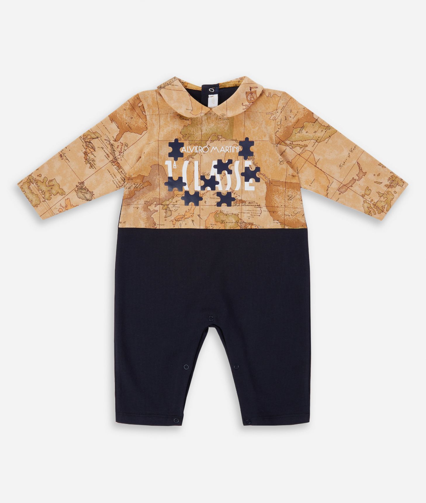 Geo Puzzle cotton romper without feet Blue,front