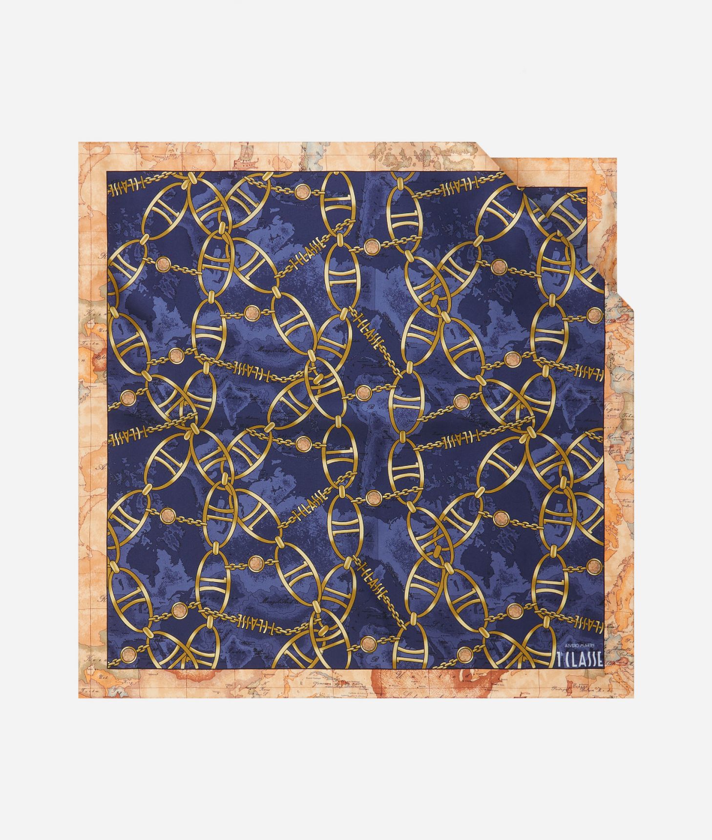 Geo Chain silk foulard 70x70 Sapphire Blue,front