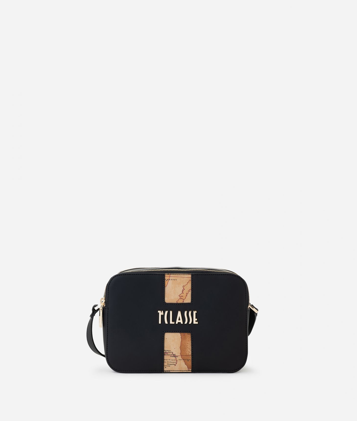 Journey Geo small two-zip reporter crossbody bag Black,front