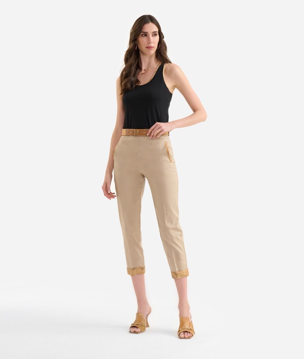 Stretch cotton gabardine trousers with cuffs Desert Tan,front