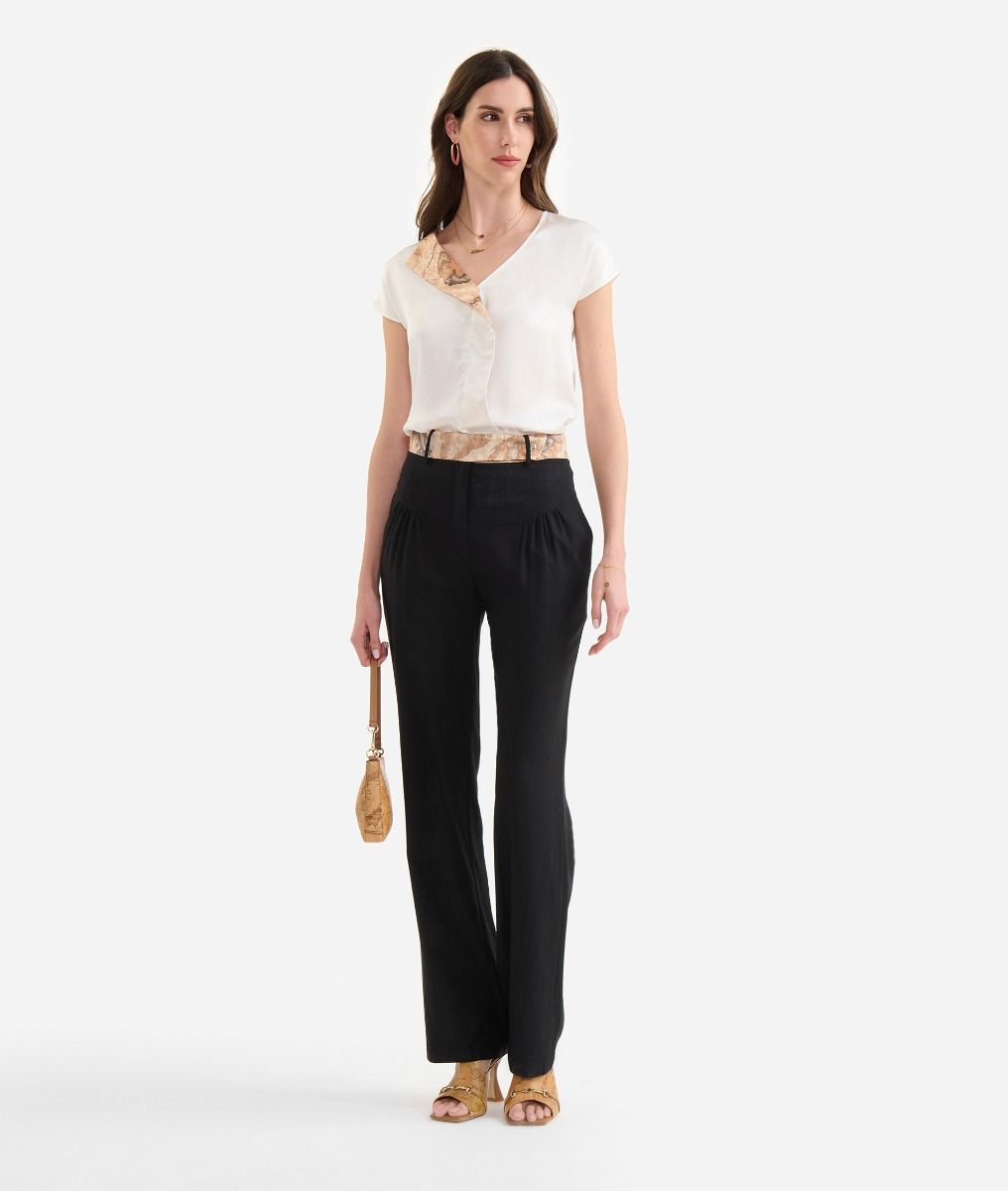 Linen and viscose blend trousers with belt detail Black,front
