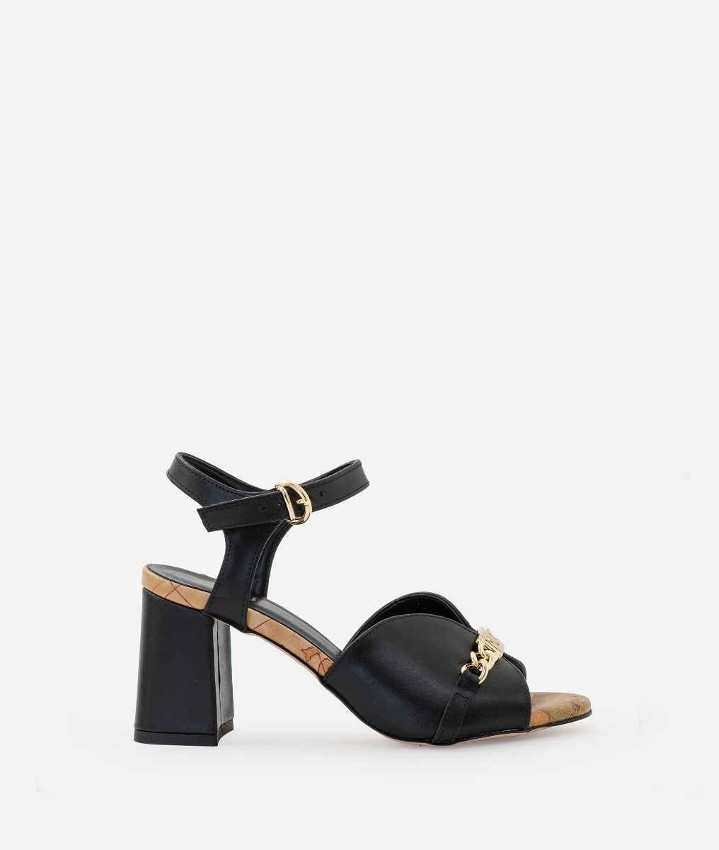 Smooth leather mid-heel sandals with chain horsebit Black,front