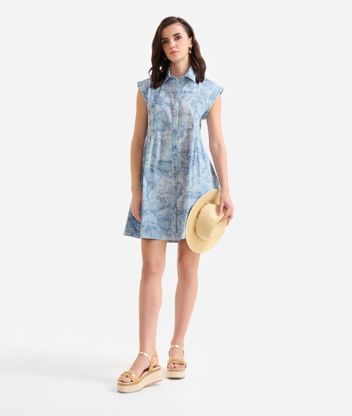 Short BCI cotton poplin chemisier dress Geo Denim Blue,front