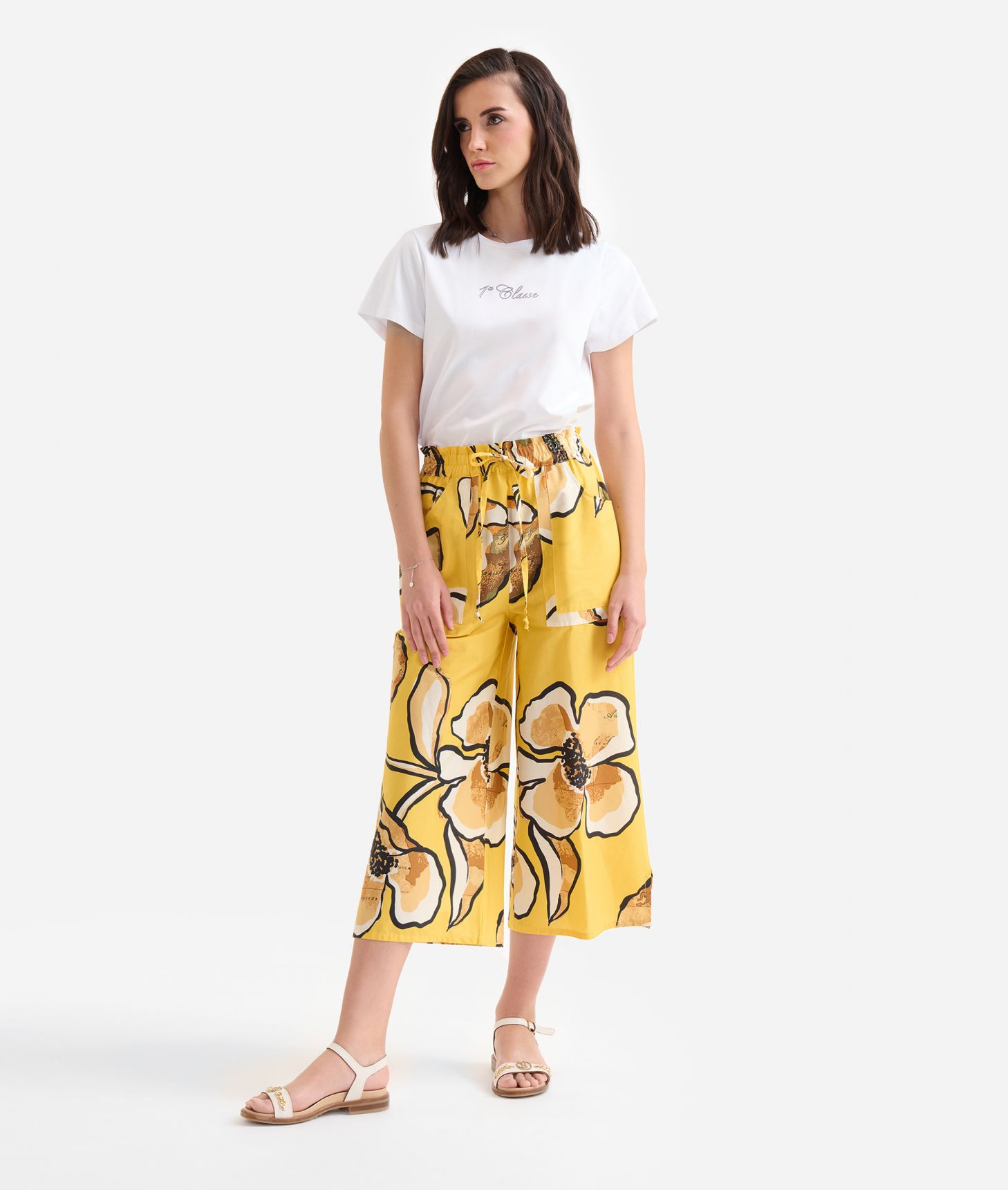 Pantaloni cropped in popeline di cotone stretch Geo Maxi Fiore Curcuma,front