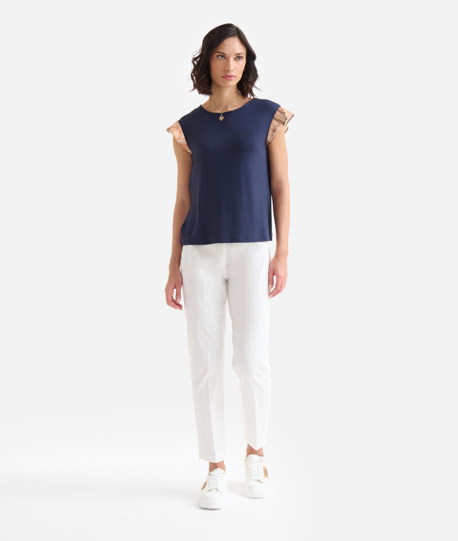 Stretch viscose t-shirt with neck detail Dark Blue,front