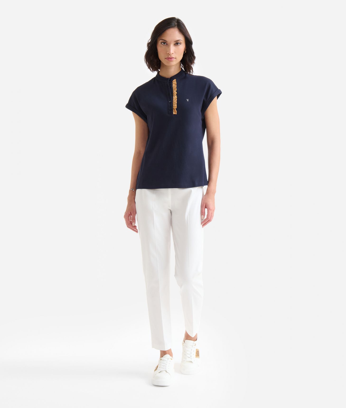 Piqué jersey polo shirt with frills Dark Blue,front