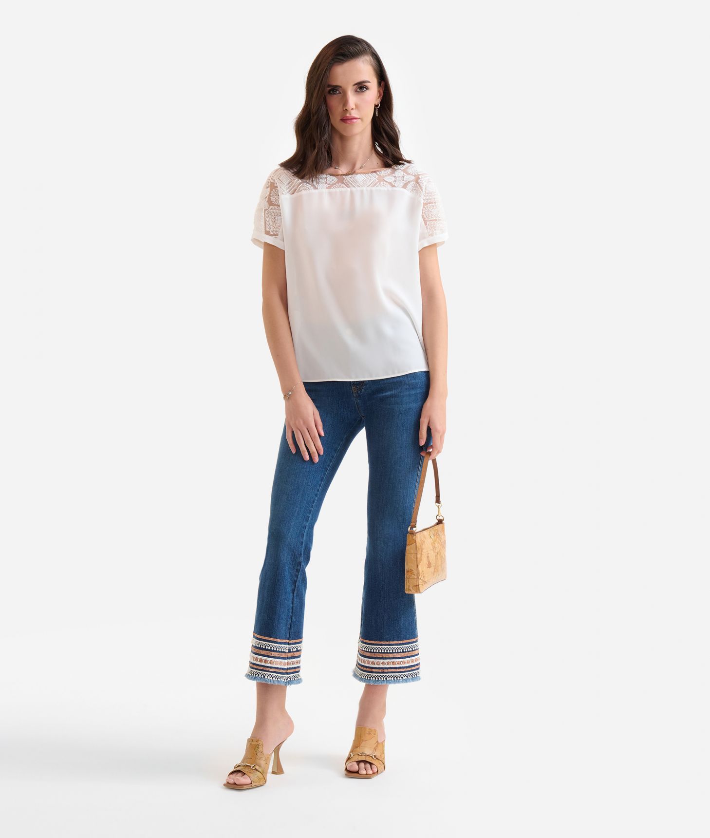 Crêpe de chine top with lace details Milk White,front