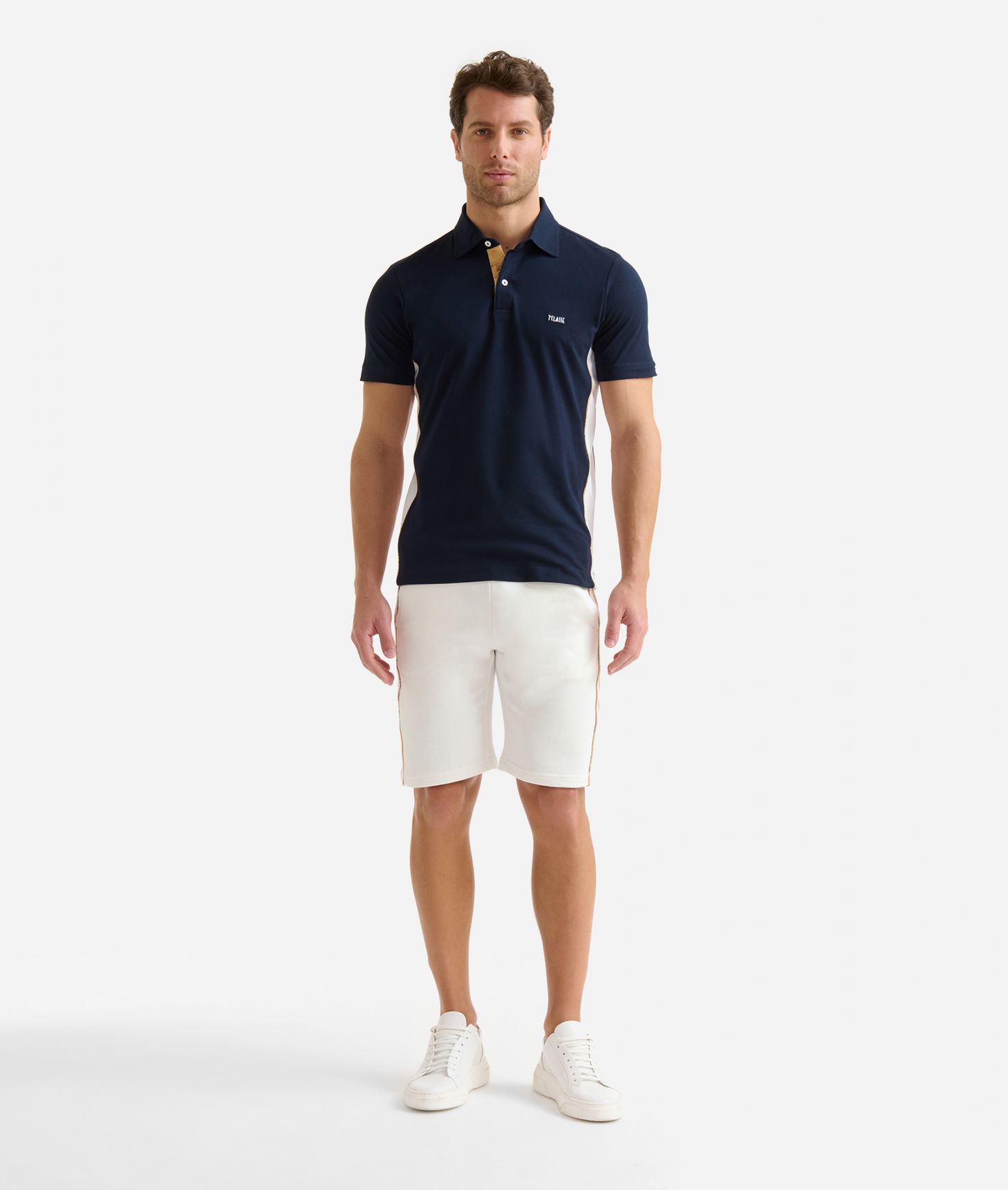 Piqué cotton two-tone polo shirt Navy Blue,front