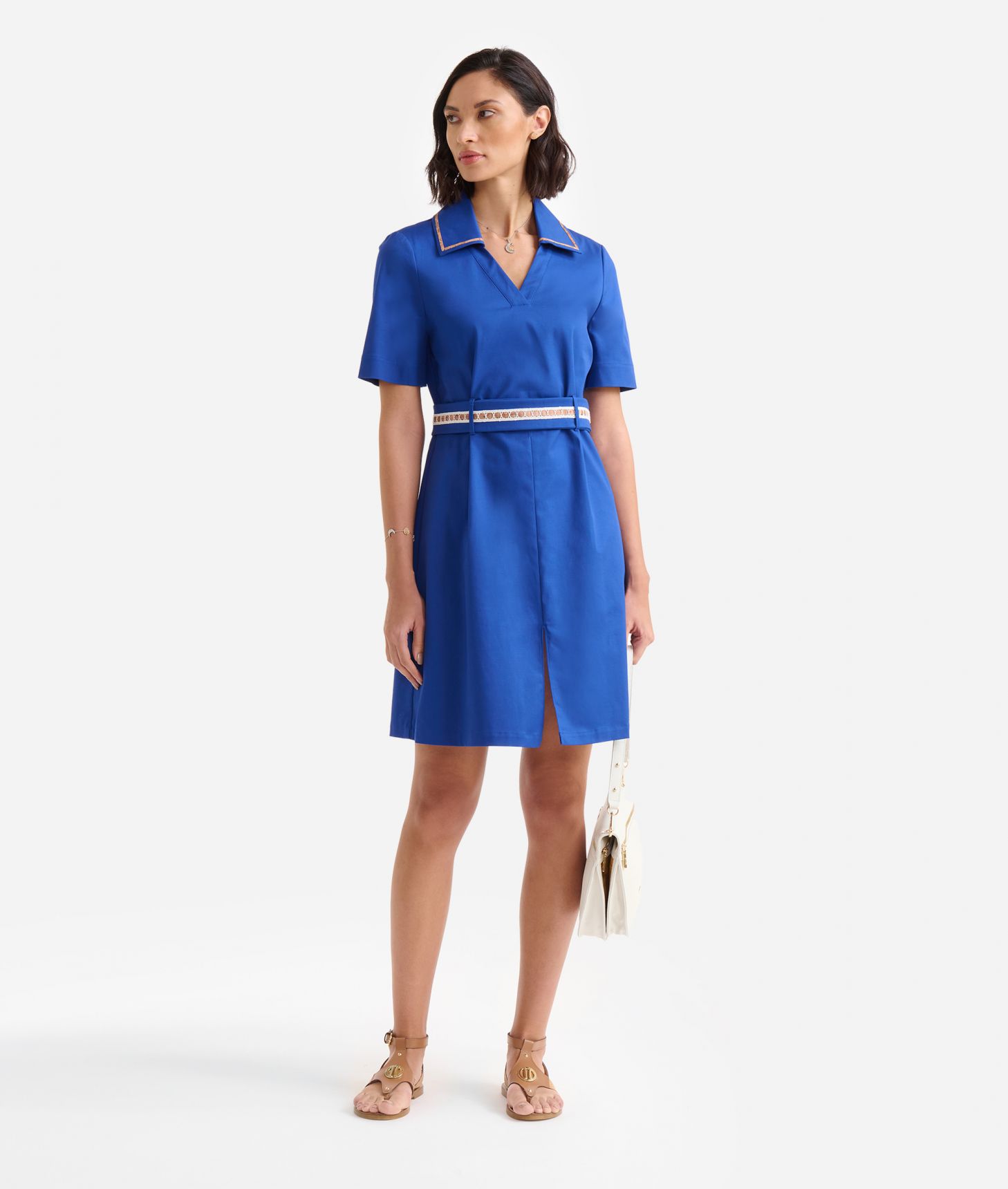 Stretch cotton gabardine dress with macramé trim Bluette,front