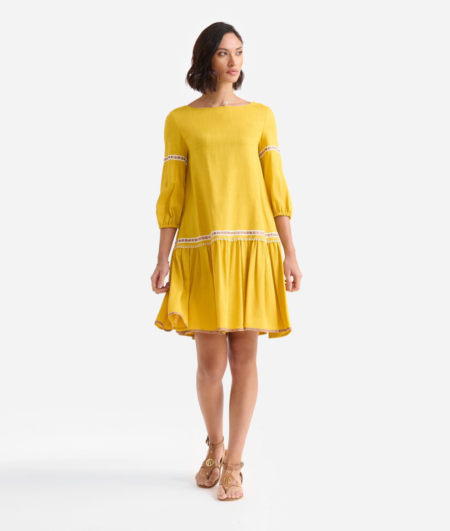 Linen and viscose dress with macramé trim Turmeric,front