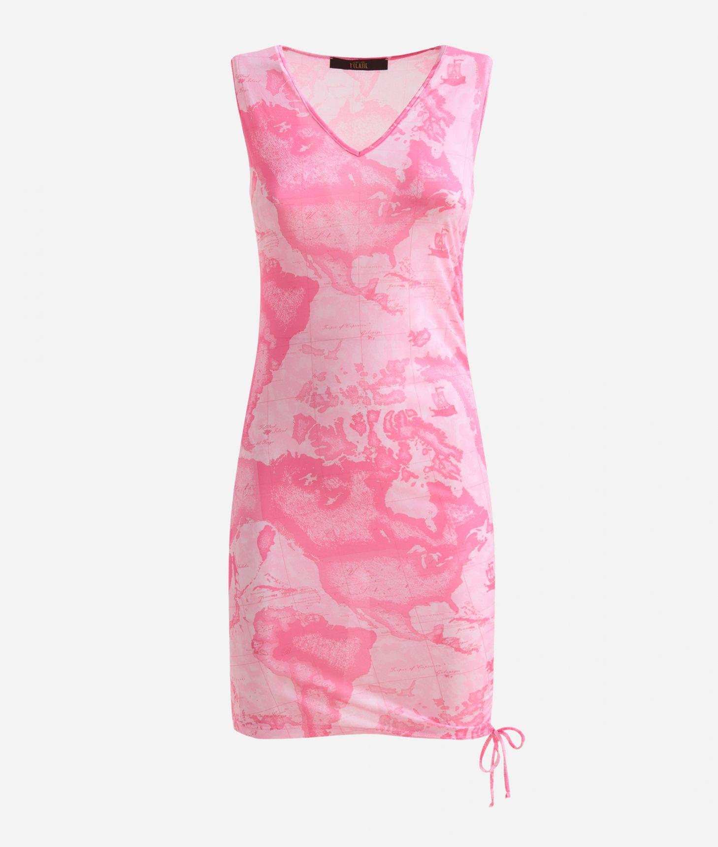 Geo Color short crêpe dress with drawstring Bright Pink,front