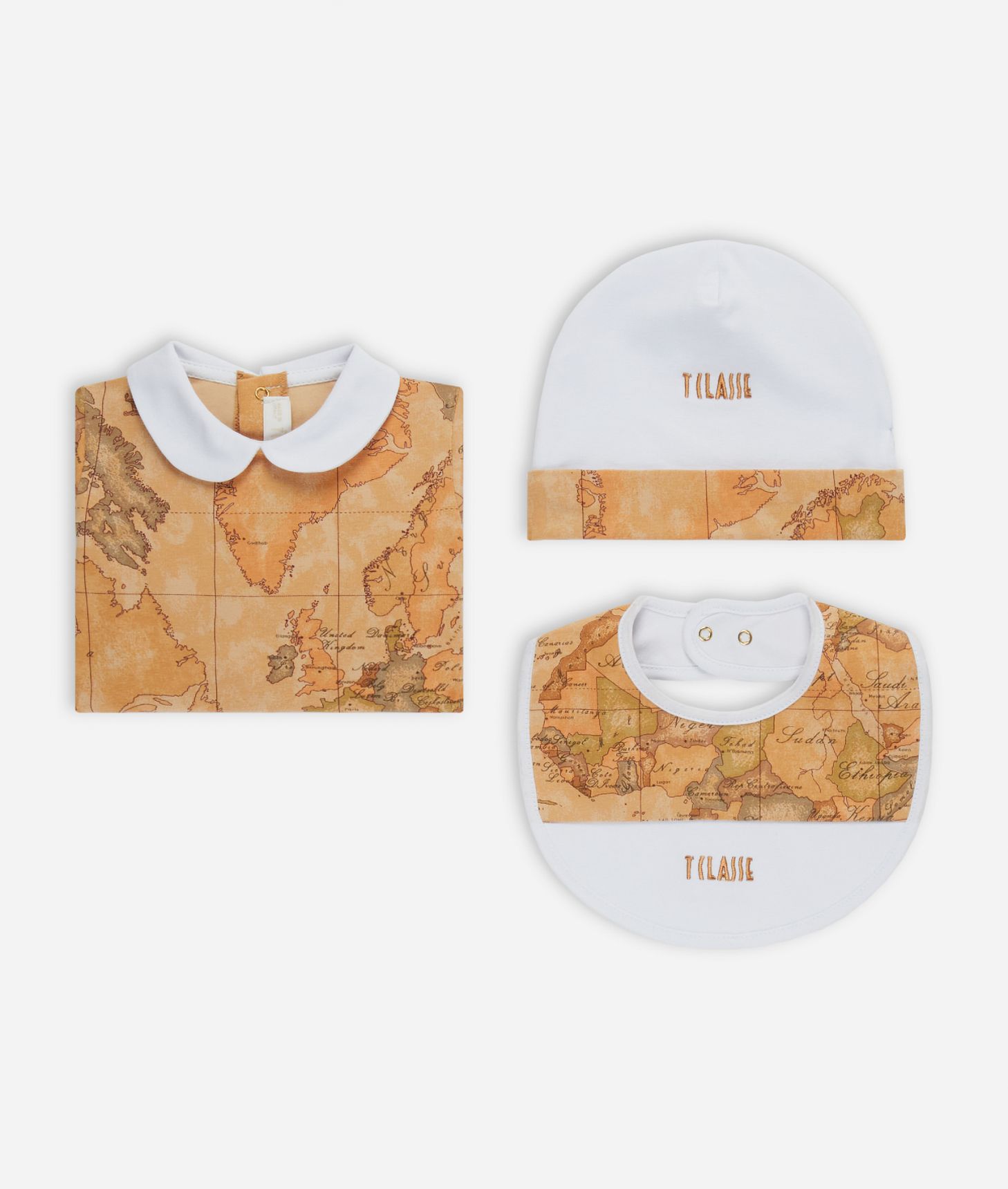 Kit con tutina, bavaglino e cappellino Geo Classic,front