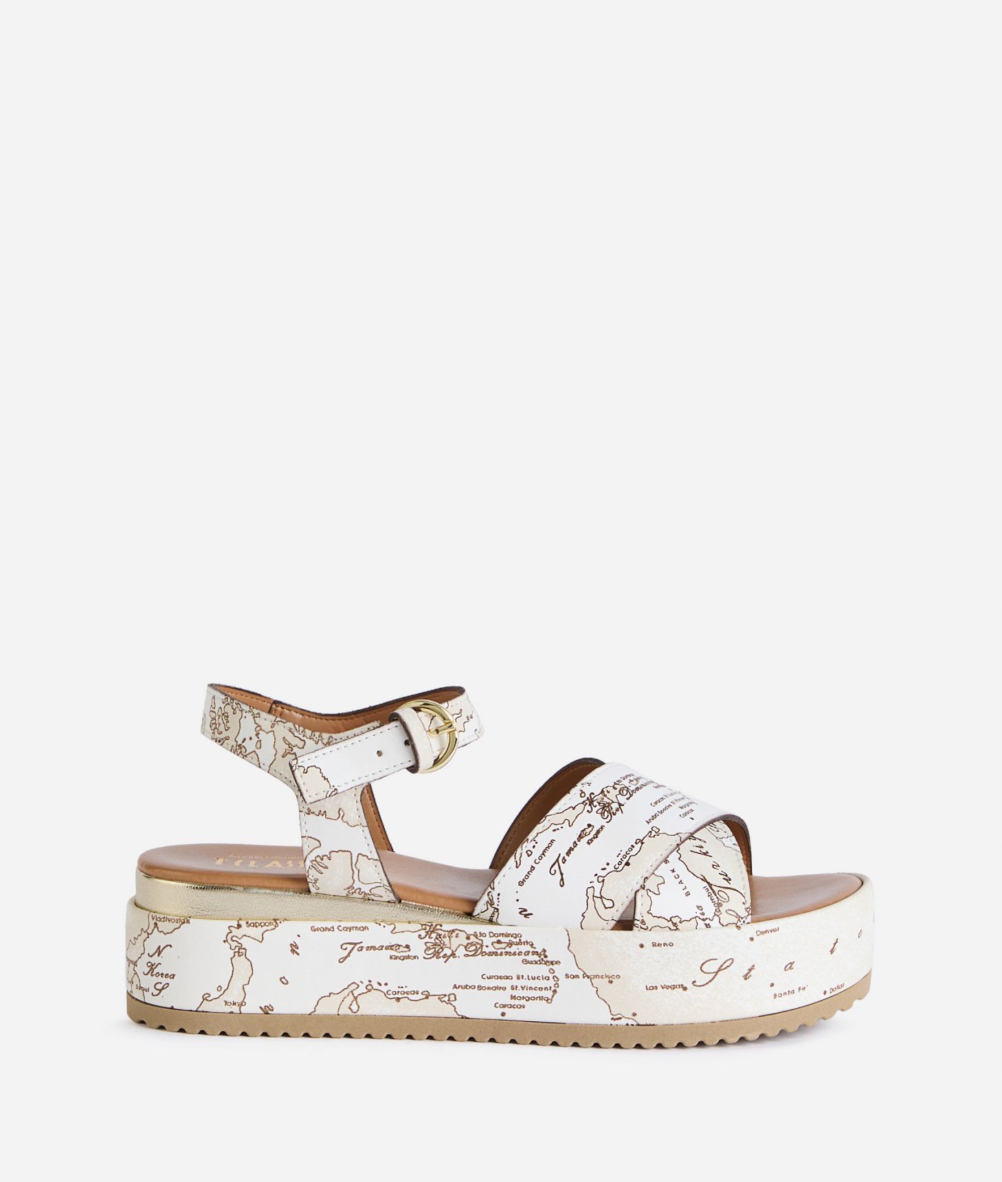 Sandali zeppa incrociati in eco nappa Geo Beige,front