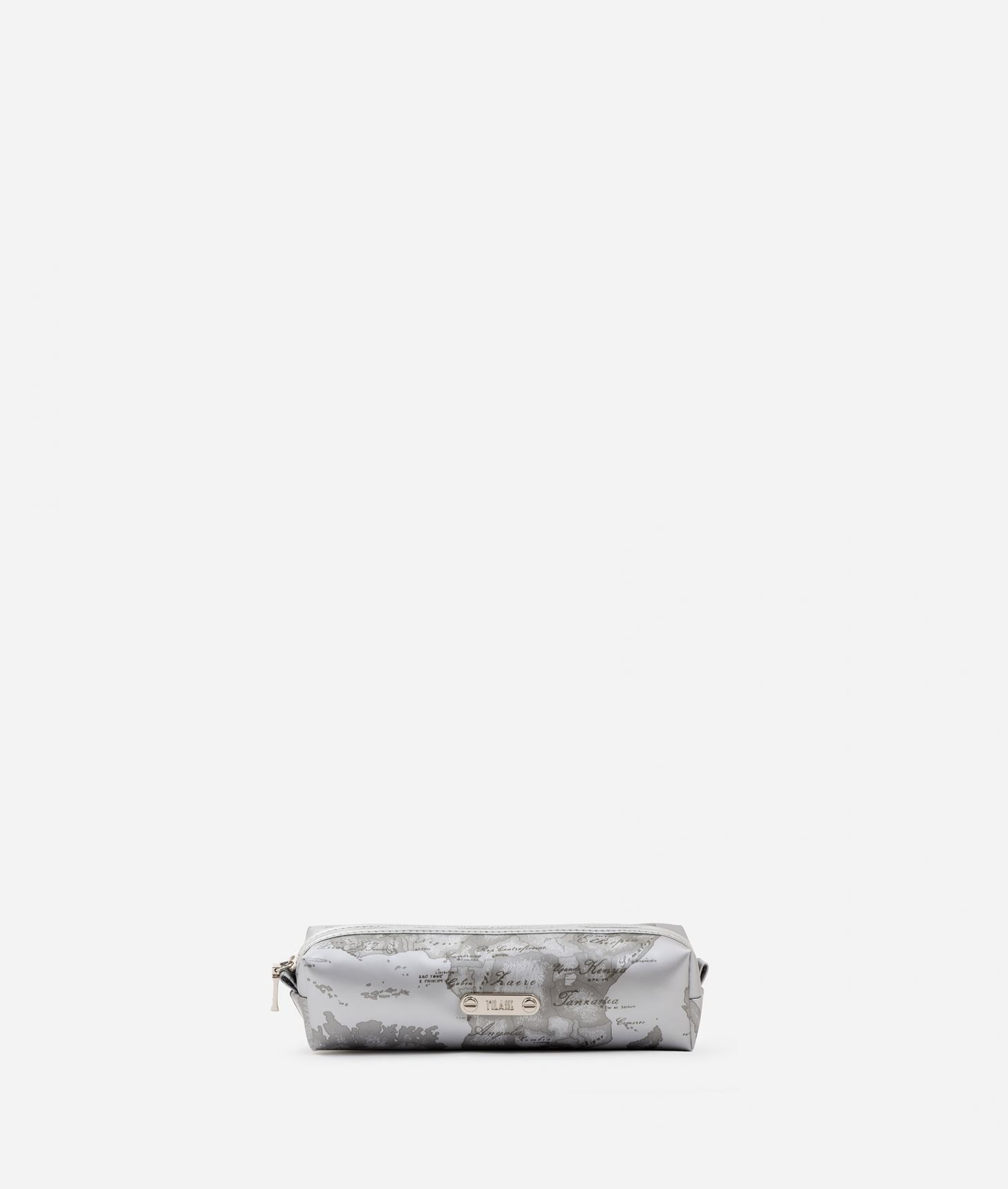 Travel pouch in pearl grey rubberized fabric,front