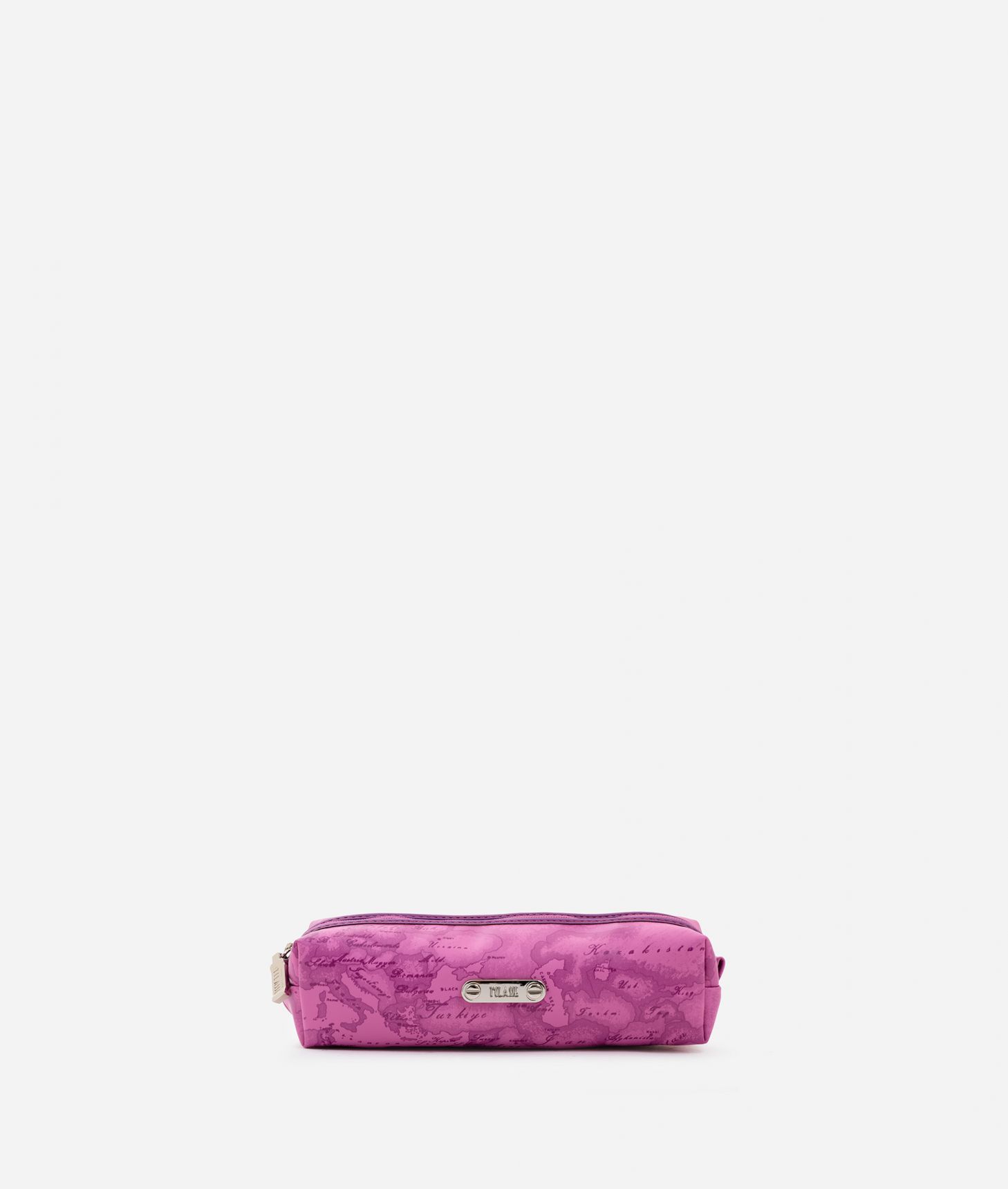 Travel pouch in mauve rubberized fabric,front