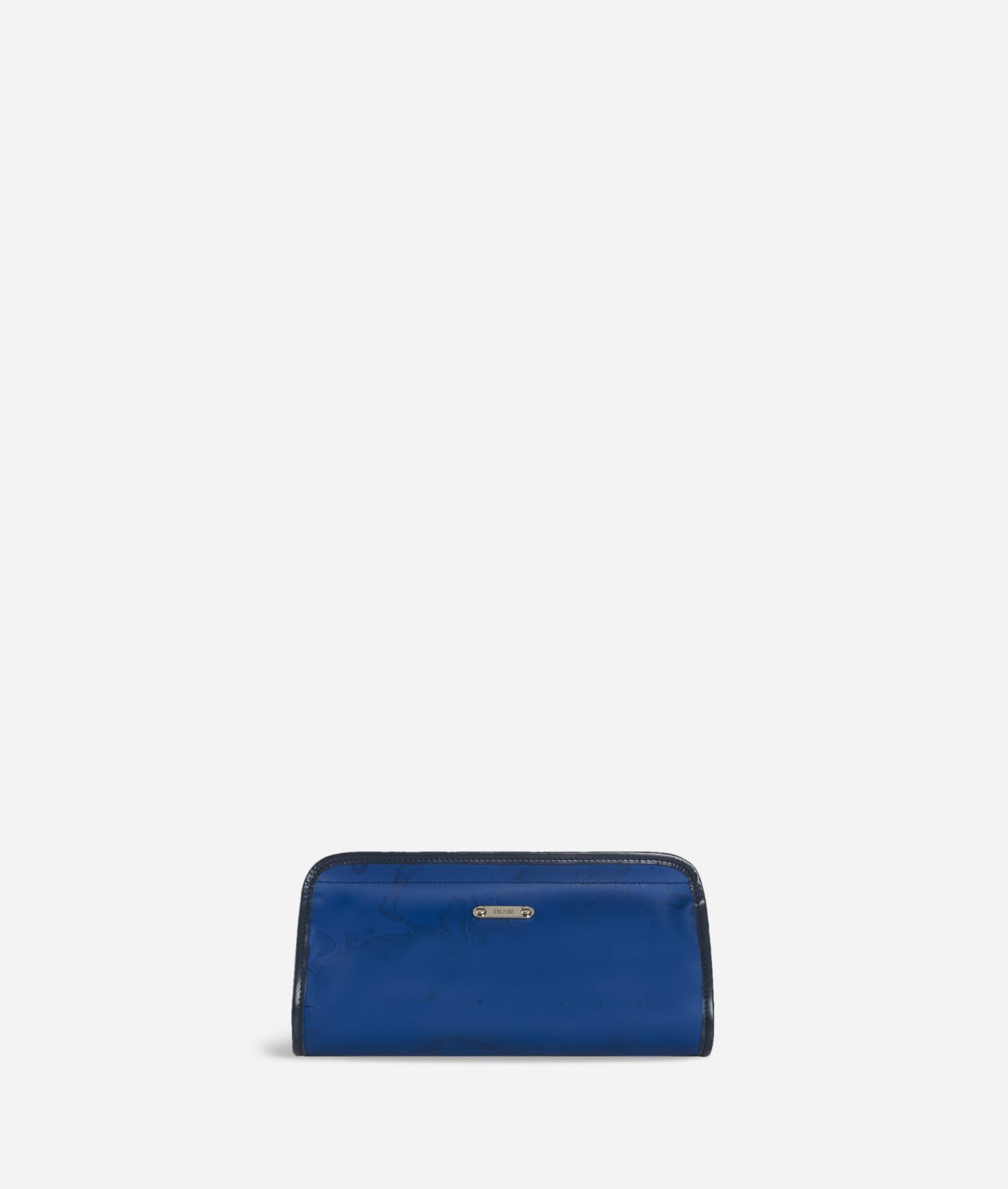 Beauty case with velcro strap in blue Geo fabric,front