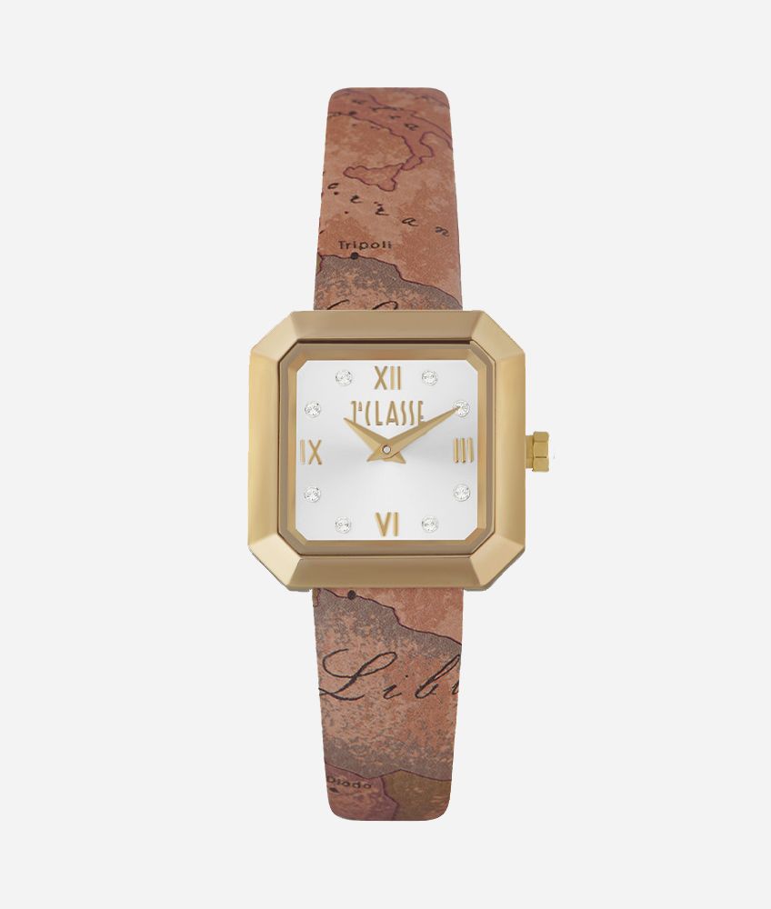 Corfu Watch with strap in Geo Classic print leather,front