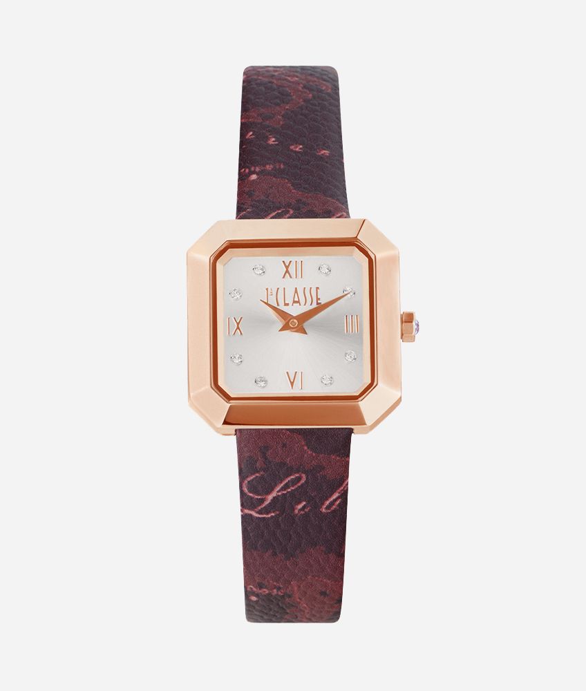 Corfu Watch with strap in Geo Red print leather,front