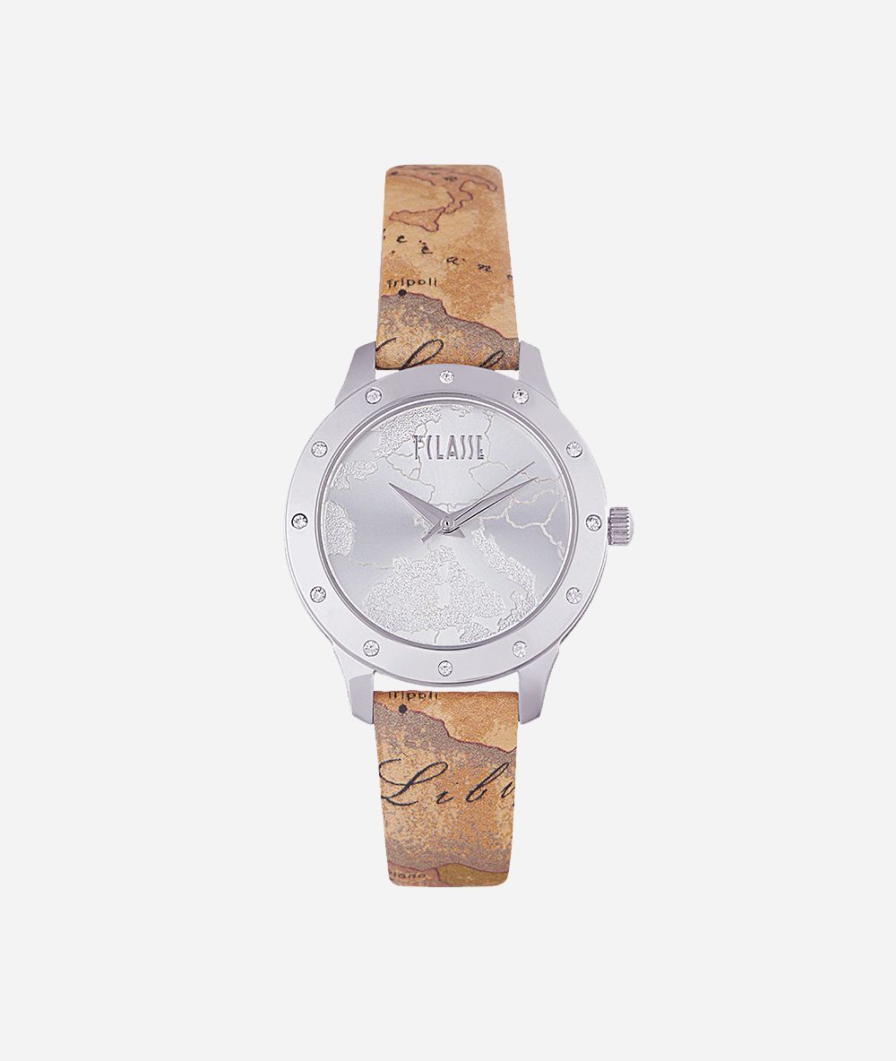 Moorea Watch with strap in Geo Classic print leather,front