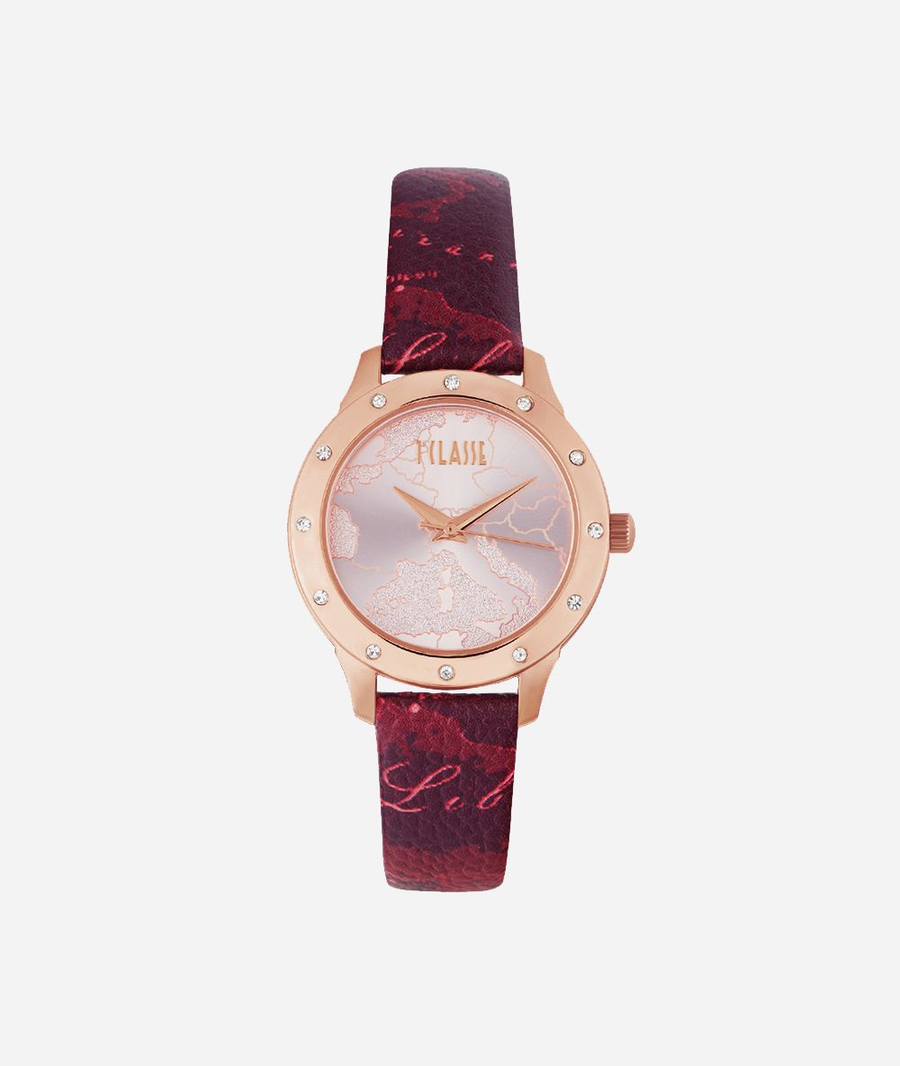 Moorea Watch with strap in Geo Red print leather,front
