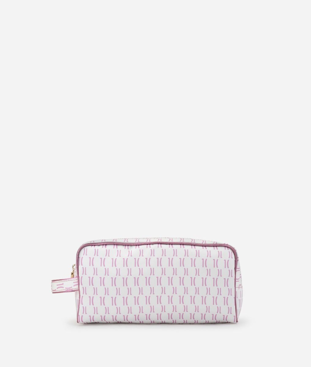 Large beauty-case in satin with Monogram 1C print Pale Pink,front