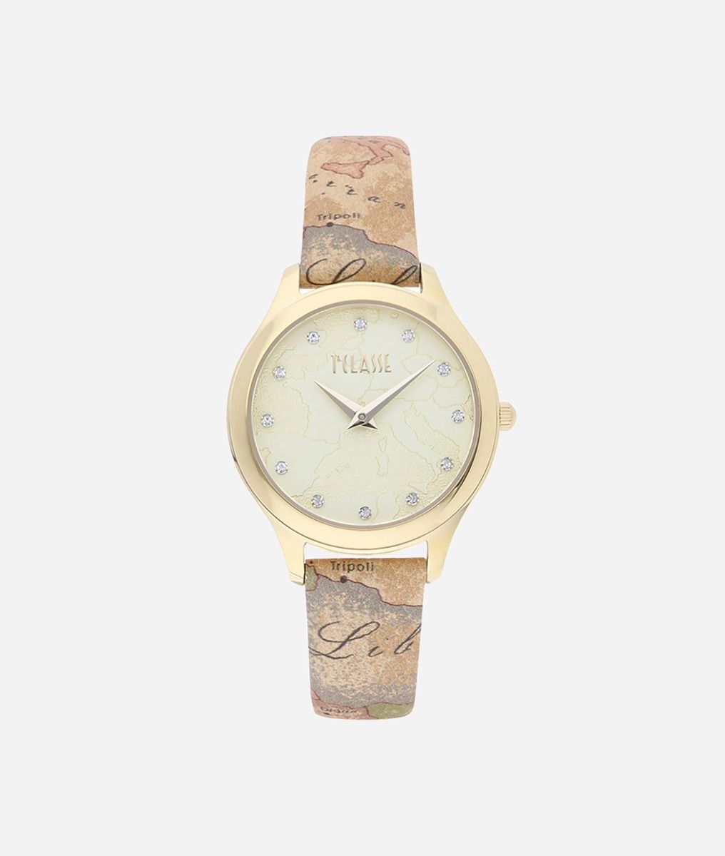 Ischia watch with strap in Geo Classic print leather,front