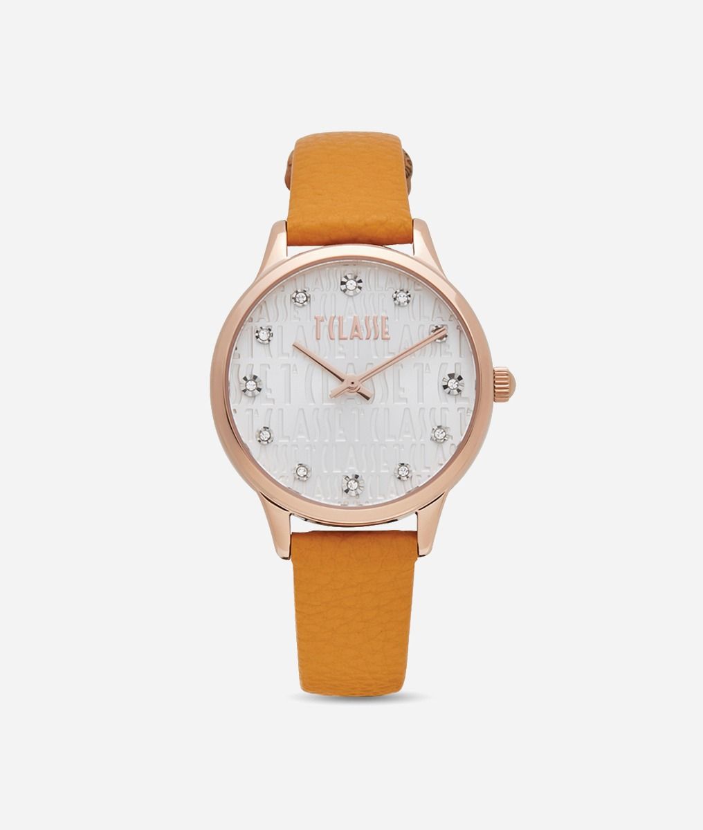Formentera watch with hammered leather strap Saffron,front
