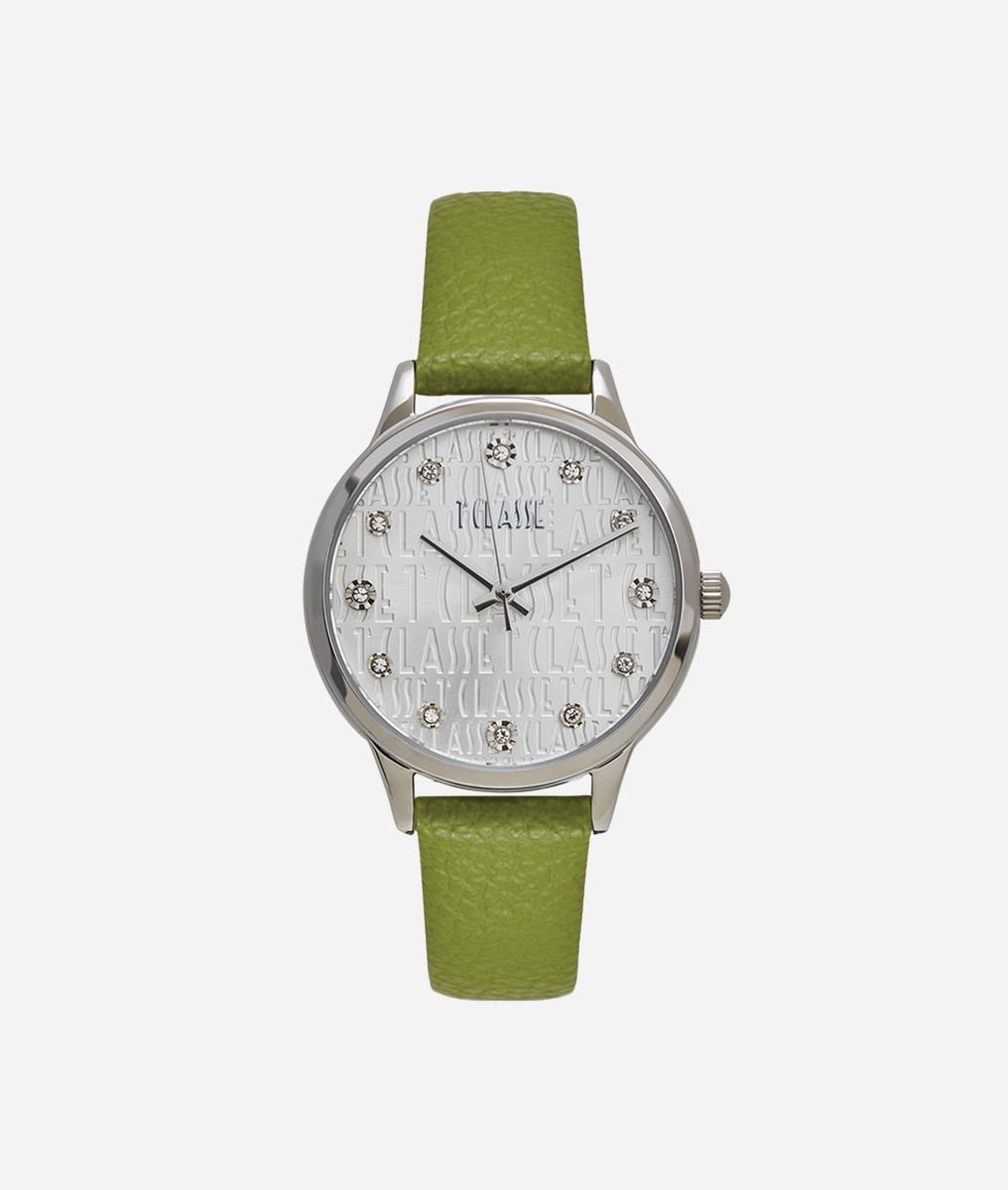 Formentera watch with hammered leather strap Green,front