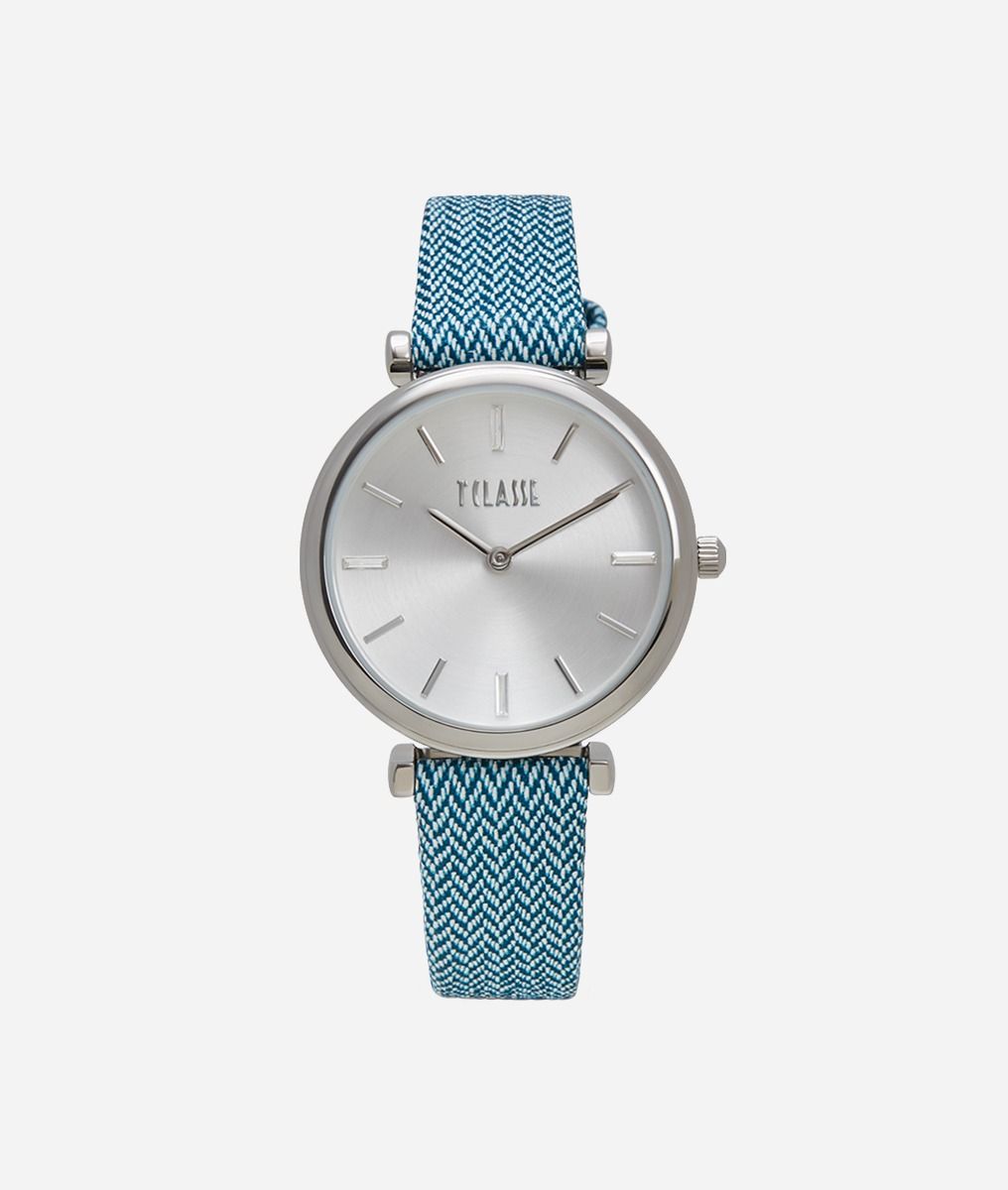 Sardinia watch with chevron print leather strap Tyrrhenian Blue,front